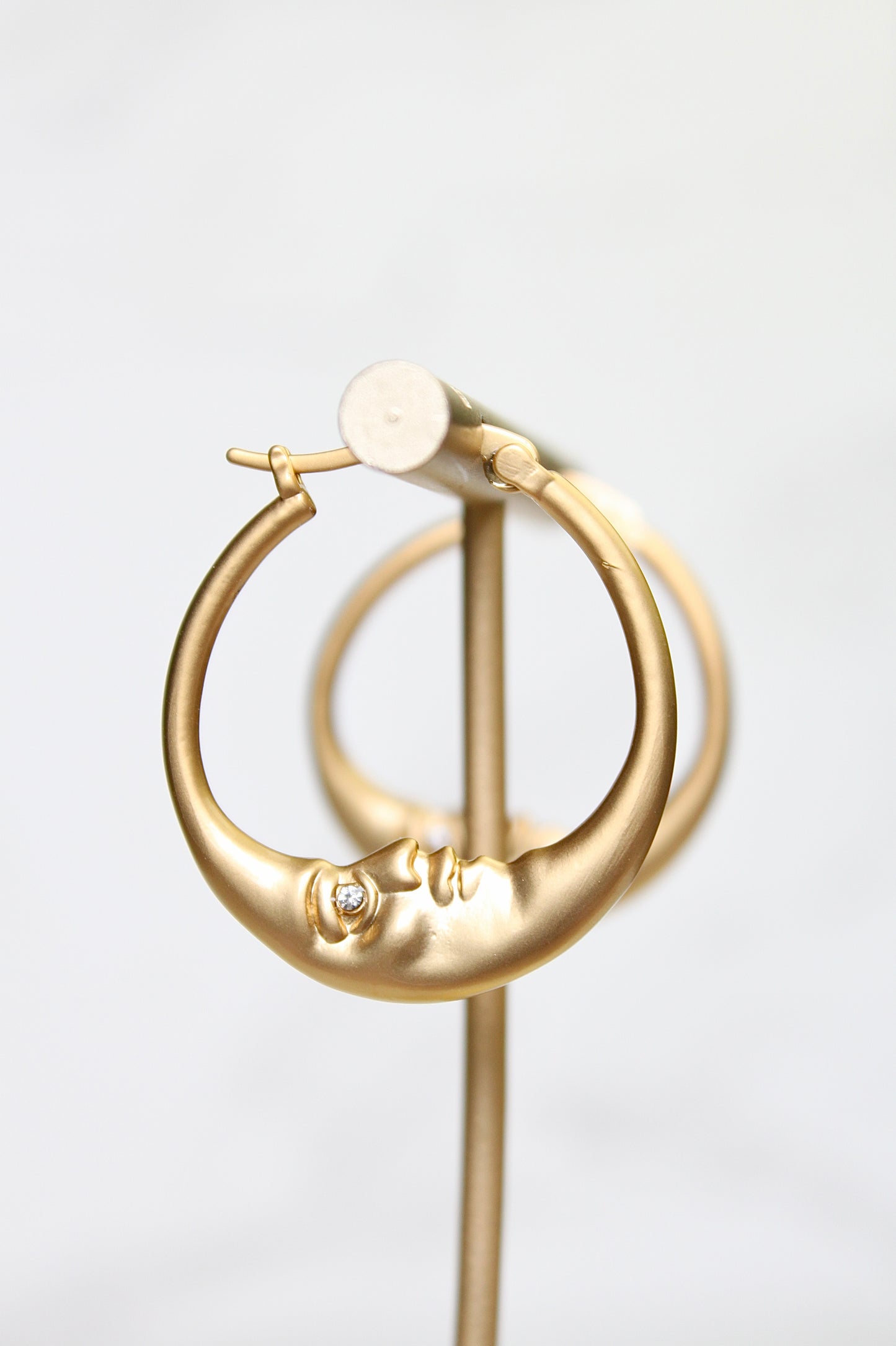 Gold Crescent Moon Hoop Earrings with Rhinestone Eyes | Dainty Lunar Jewelry Gift for Her | Celestial Hoop Earrings