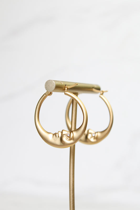 Gold Crescent Moon Hoop Earrings with Rhinestone Eyes | Dainty Lunar Jewelry Gift for Her | Celestial Hoop Earrings