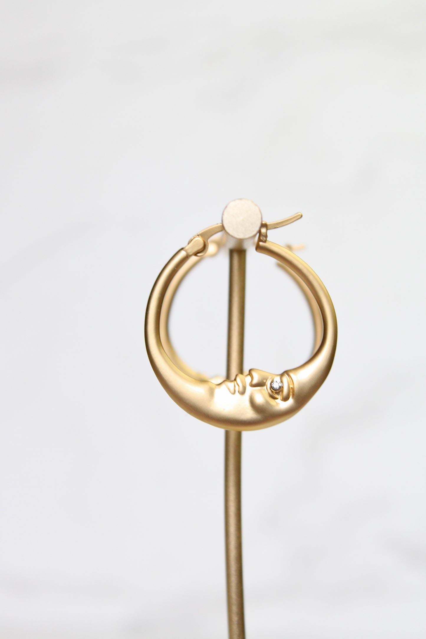 Gold Crescent Moon Hoop Earrings with Rhinestone Eyes | Dainty Lunar Jewelry Gift for Her | Celestial Hoop Earrings