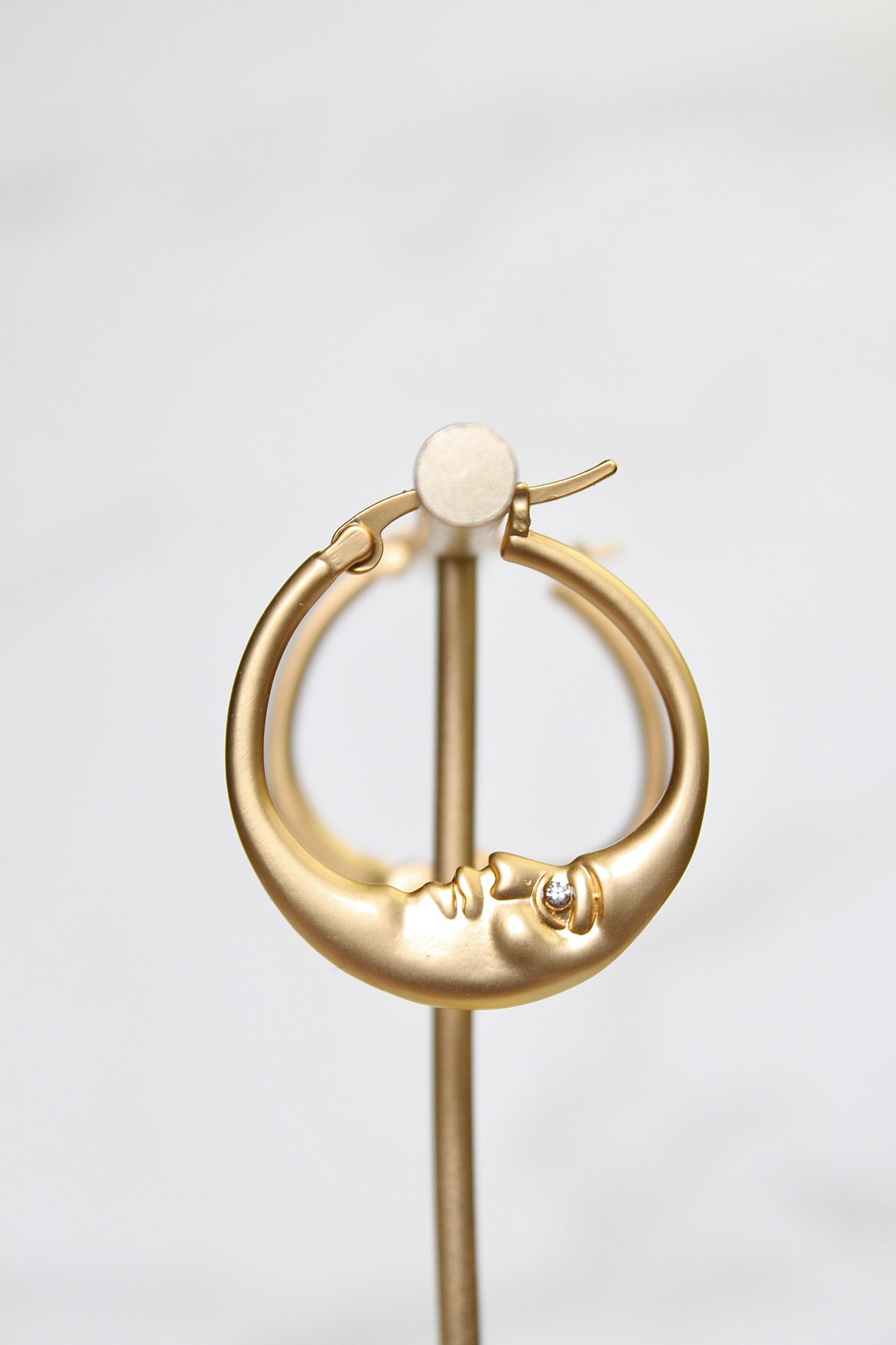 Gold Crescent Moon Hoop Earrings with Rhinestone Eyes | Dainty Lunar Jewelry Gift for Her | Celestial Hoop Earrings