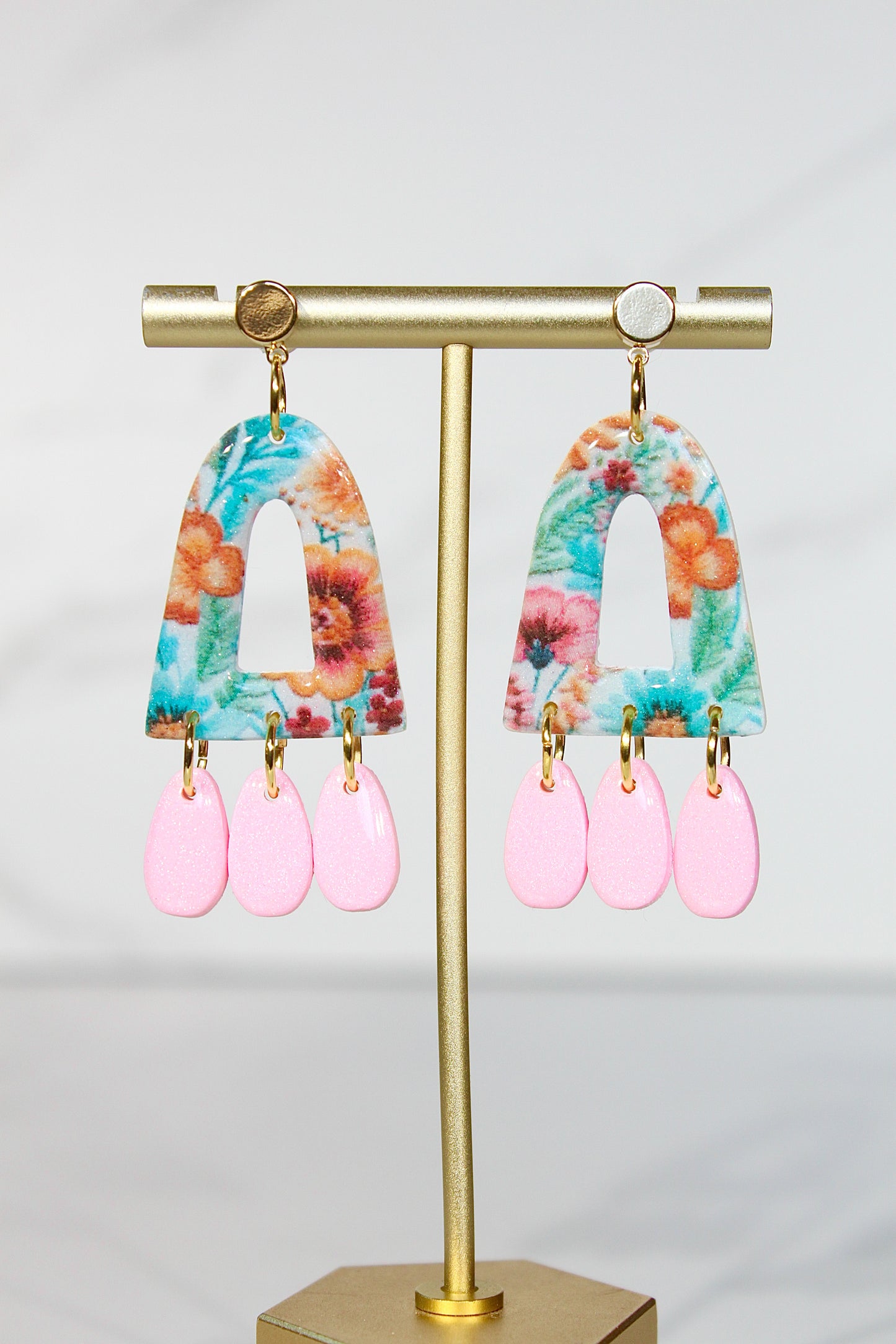 Secret Garden Triple Charm Arch Earrings | Pink Glitter & Floral Resin