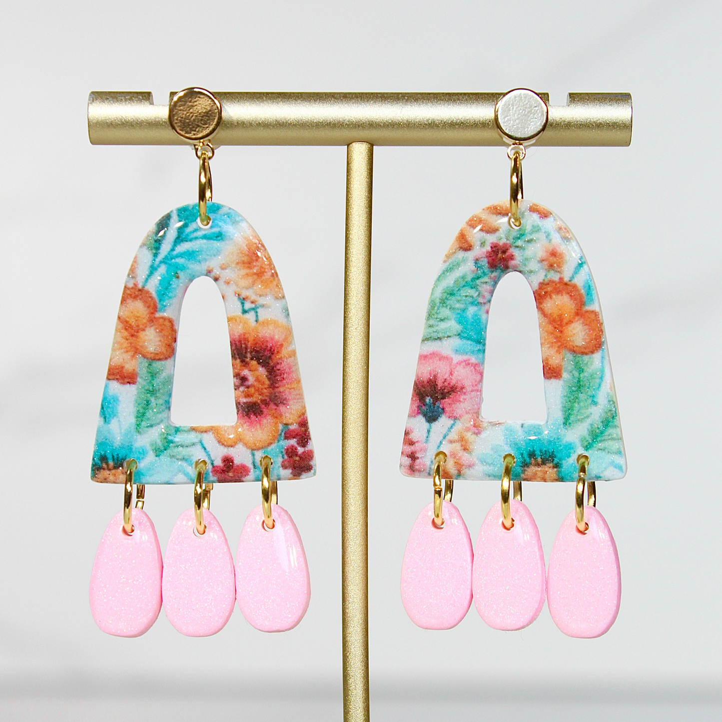 Secret Garden Triple Charm Arch Earrings | Pink Glitter & Floral Resin