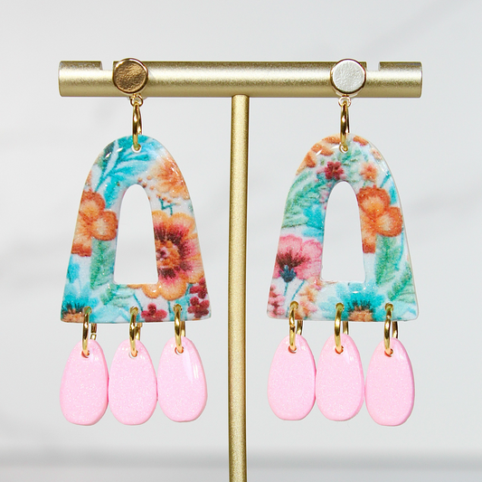 Secret Garden Triple Charm Arch Earrings | Pink Glitter & Floral Resin