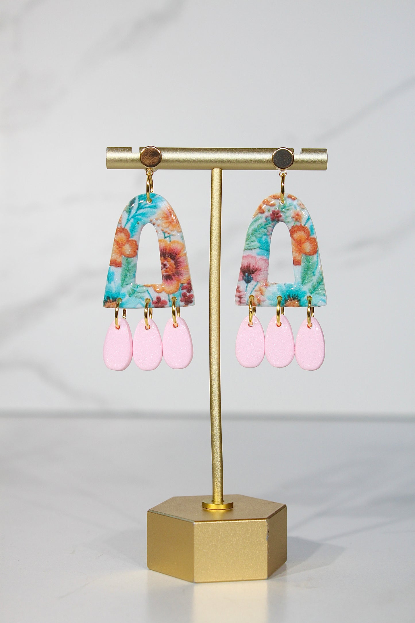 Secret Garden Triple Charm Arch Earrings | Pink Glitter & Floral Resin