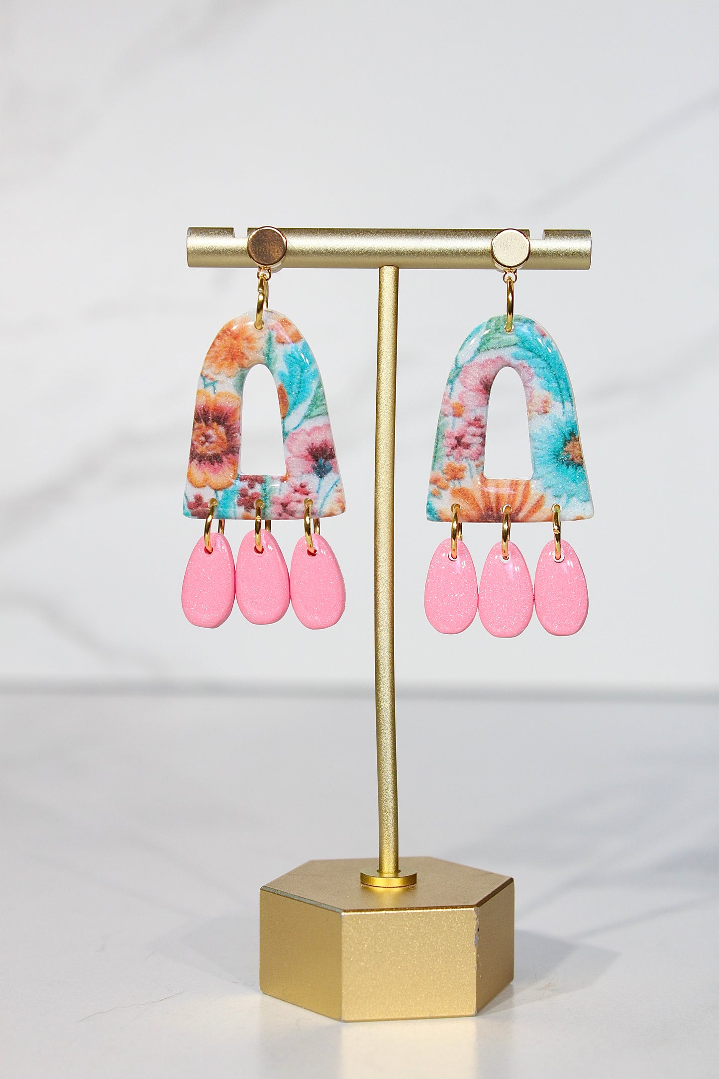Secret Garden Triple Charm Arch Earrings | Pink Glitter & Floral Resin