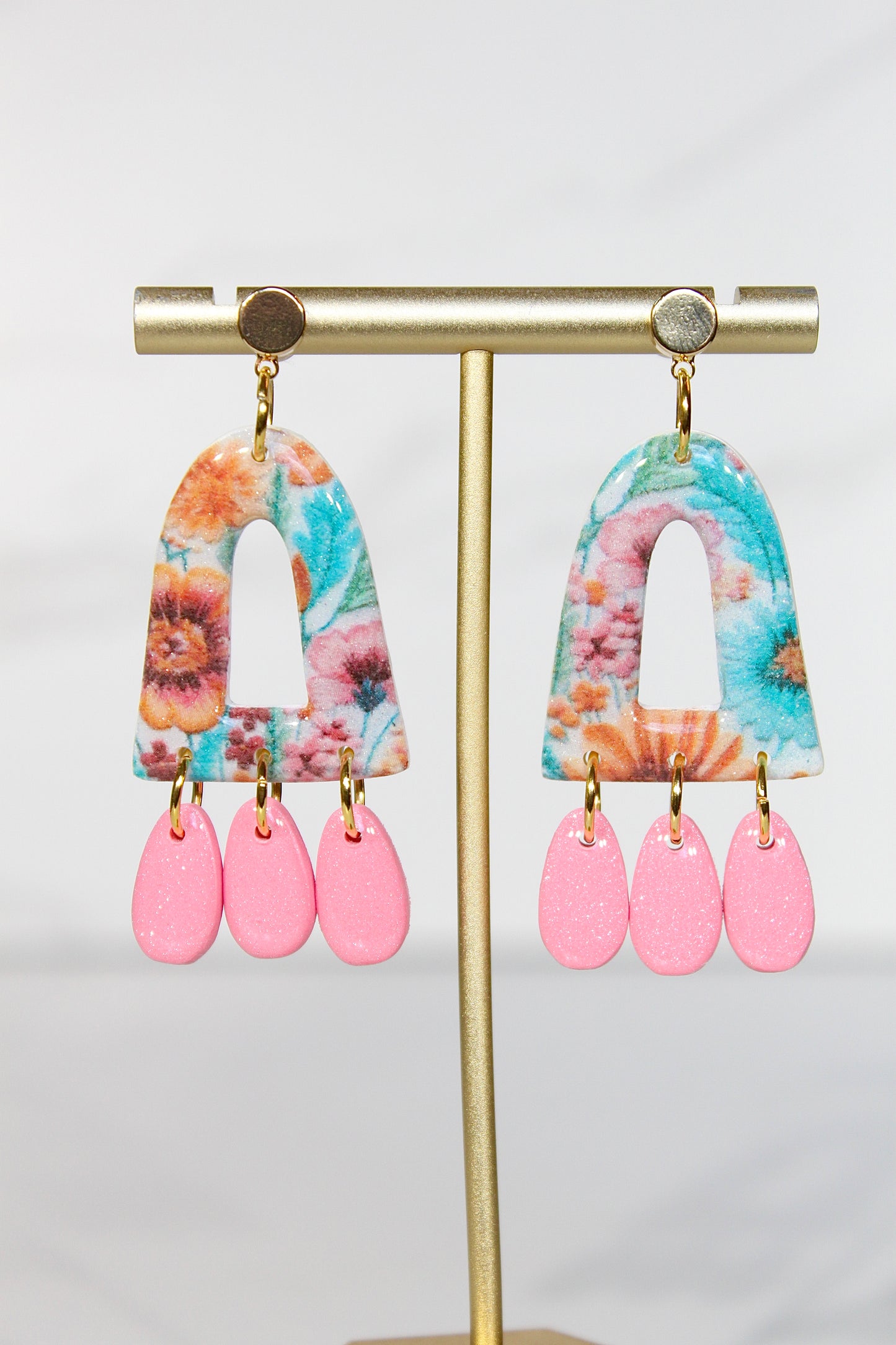 Secret Garden Triple Charm Arch Earrings | Pink Glitter & Floral Resin
