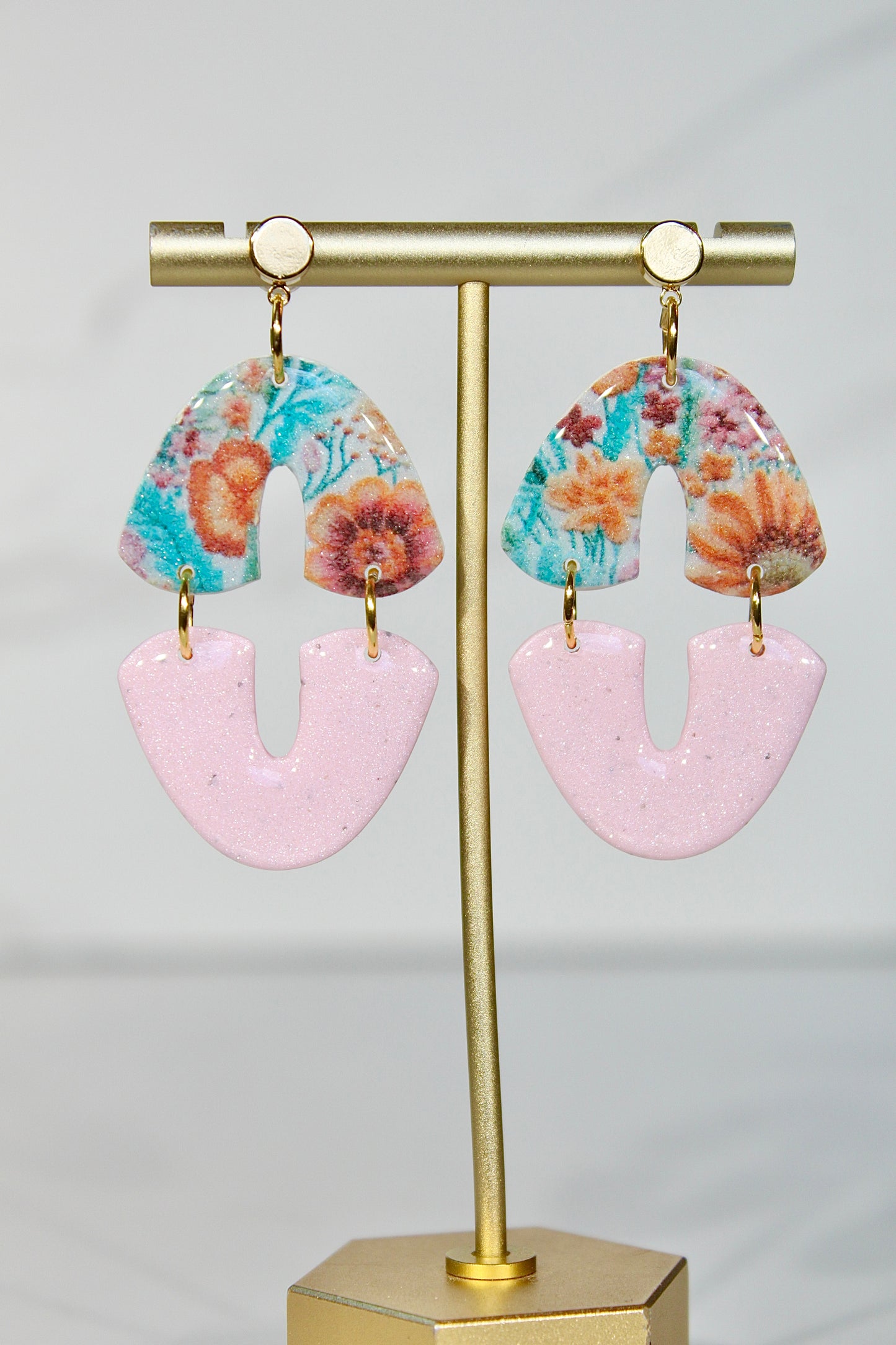 Secret Garden Mod Geometric Dangles | Pink Glitter & Floral Resin