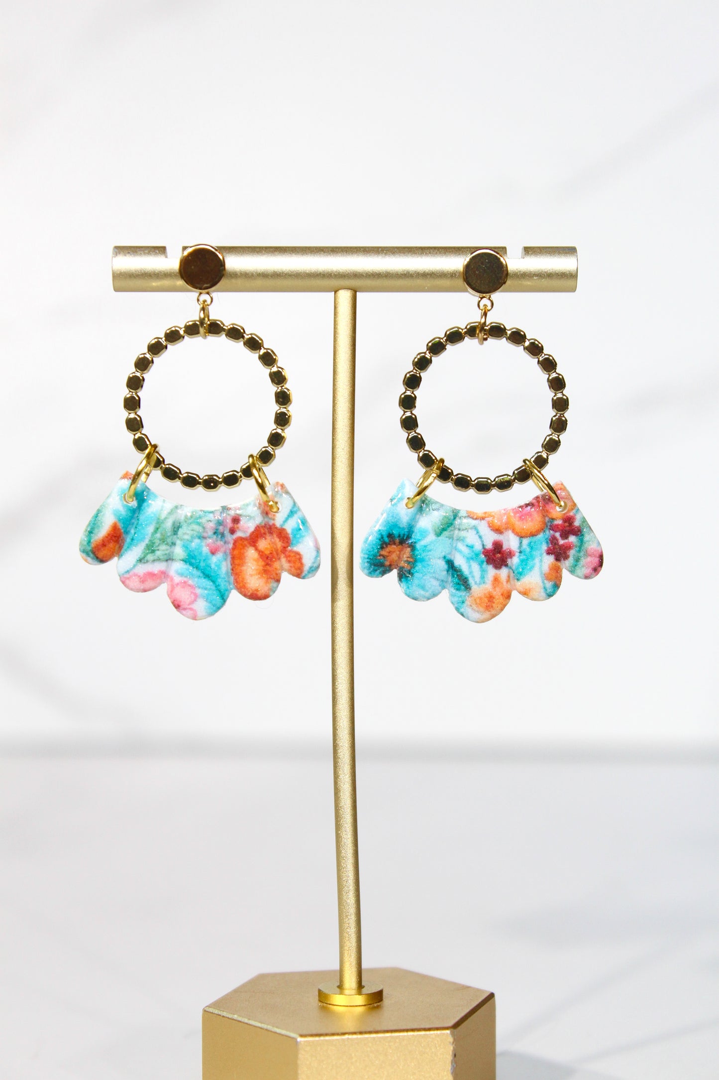 Secret Garden Scalloped Hoop Dangles | Beaded Gold & Floral Resin