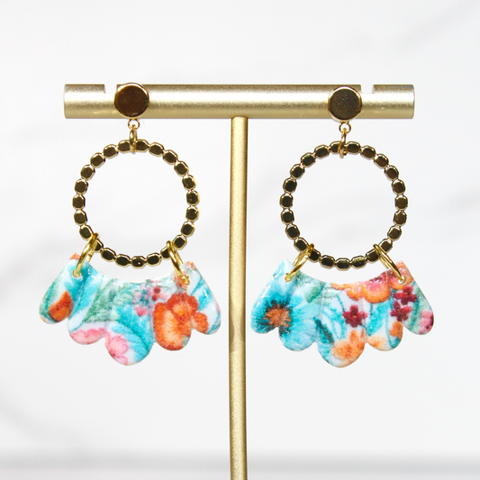 Secret Garden Scalloped Hoop Dangles | Beaded Gold & Floral Resin