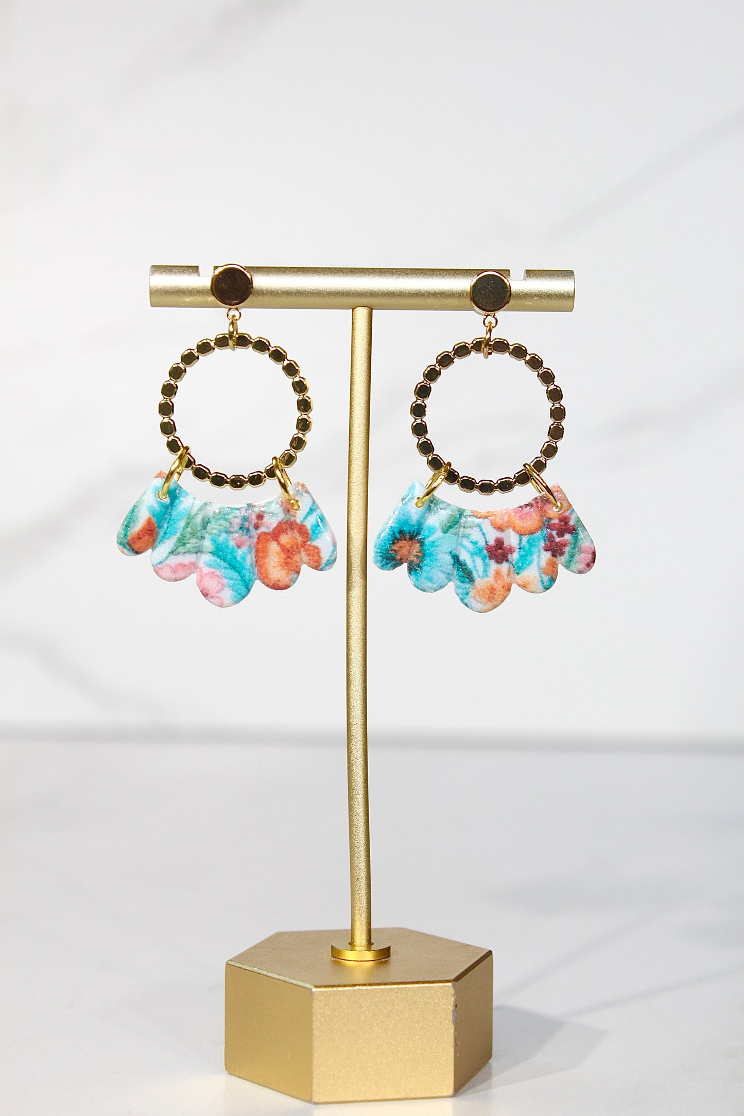 Secret Garden Scalloped Hoop Dangles | Beaded Gold & Floral Resin