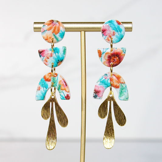 Secret Garden Triple Tier Botanical Dangles | Gold Leaf & Floral Resin