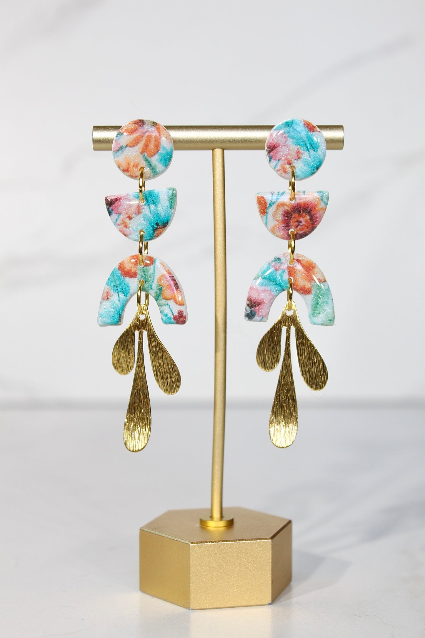 Secret Garden Triple Tier Botanical Dangles | Gold Leaf & Floral Resin