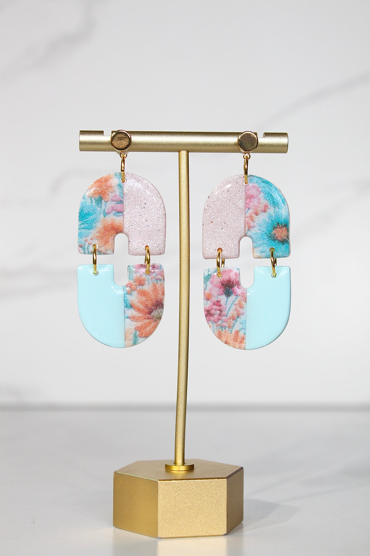Secret Garden Mod Geometric Dangles | Pink Glitter & Floral Resin