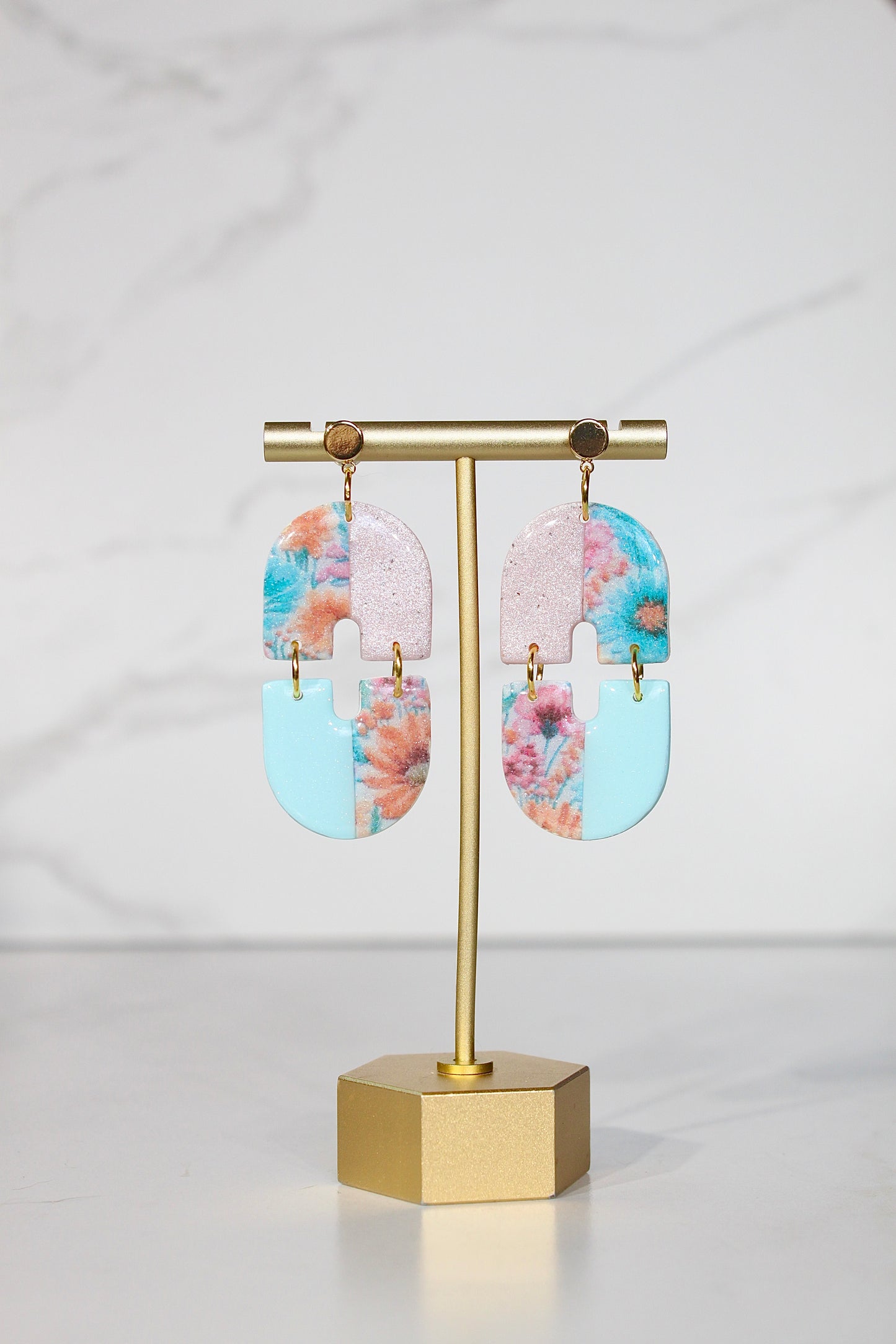 Secret Garden Mod Geometric Dangles | Pink Glitter & Floral Resin