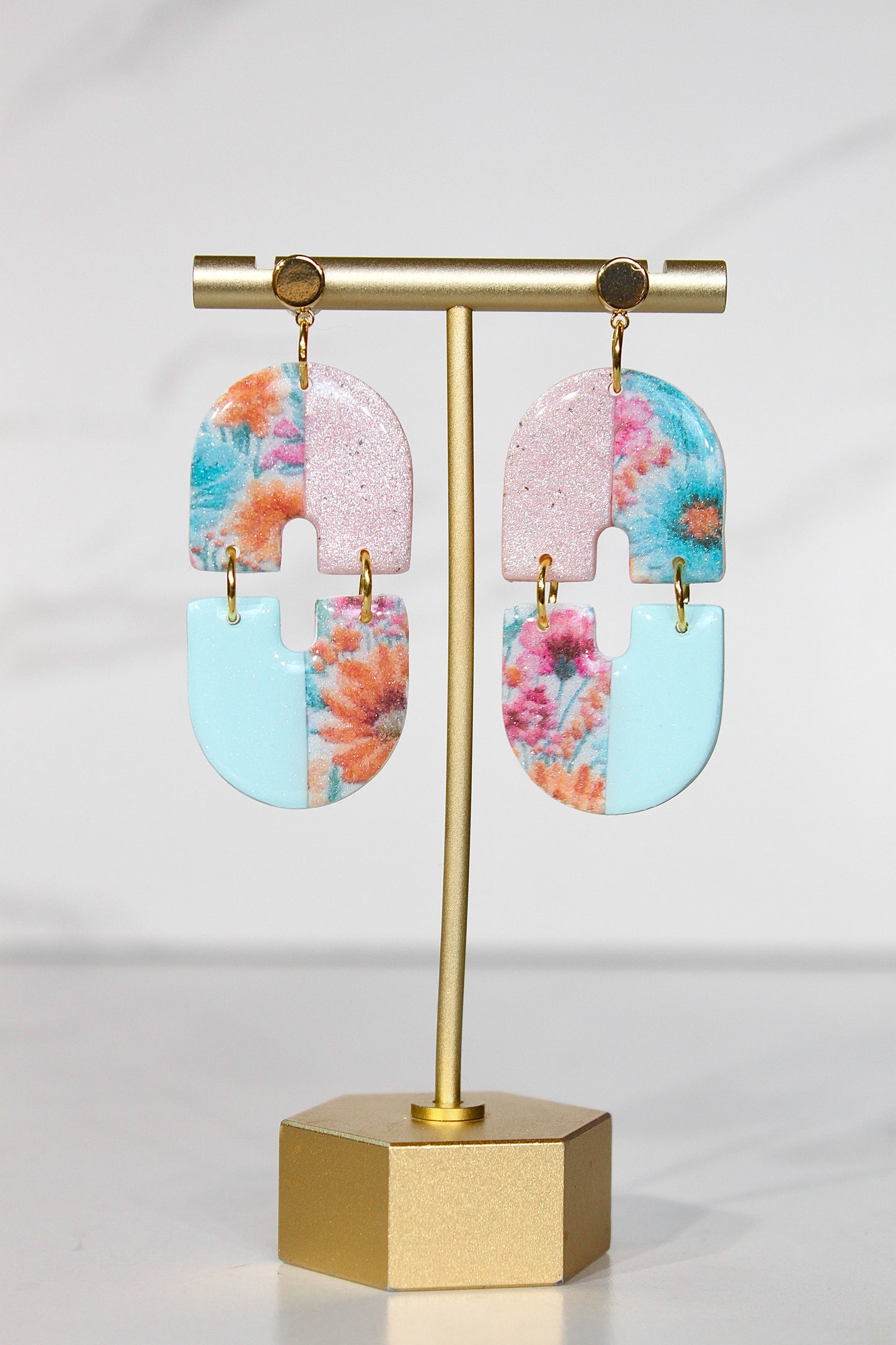 Secret Garden Mod Geometric Dangles | Pink Glitter & Floral Resin