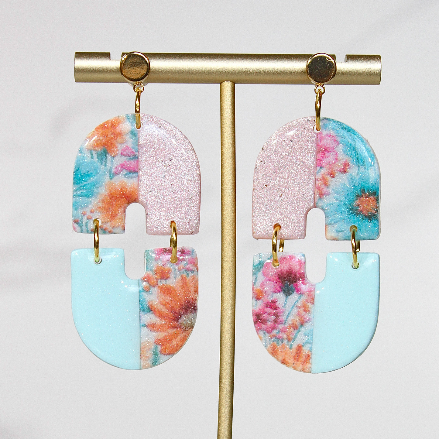 Secret Garden Mod Geometric Dangles | Pink Glitter & Floral Resin
