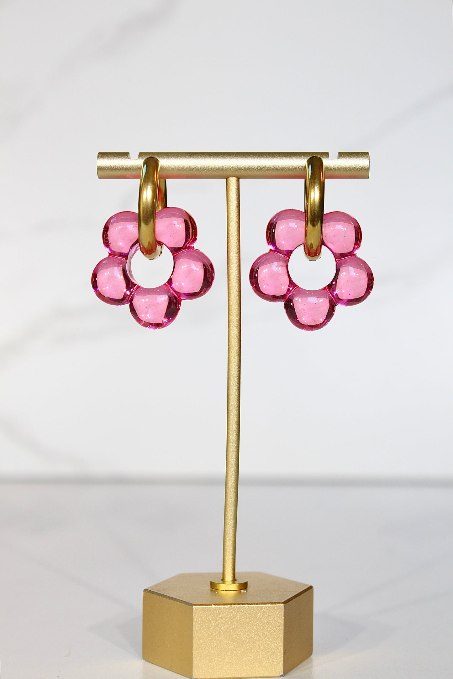 Pink Jelly Bloom Hoops – Acrylic Flower Charm Earrings