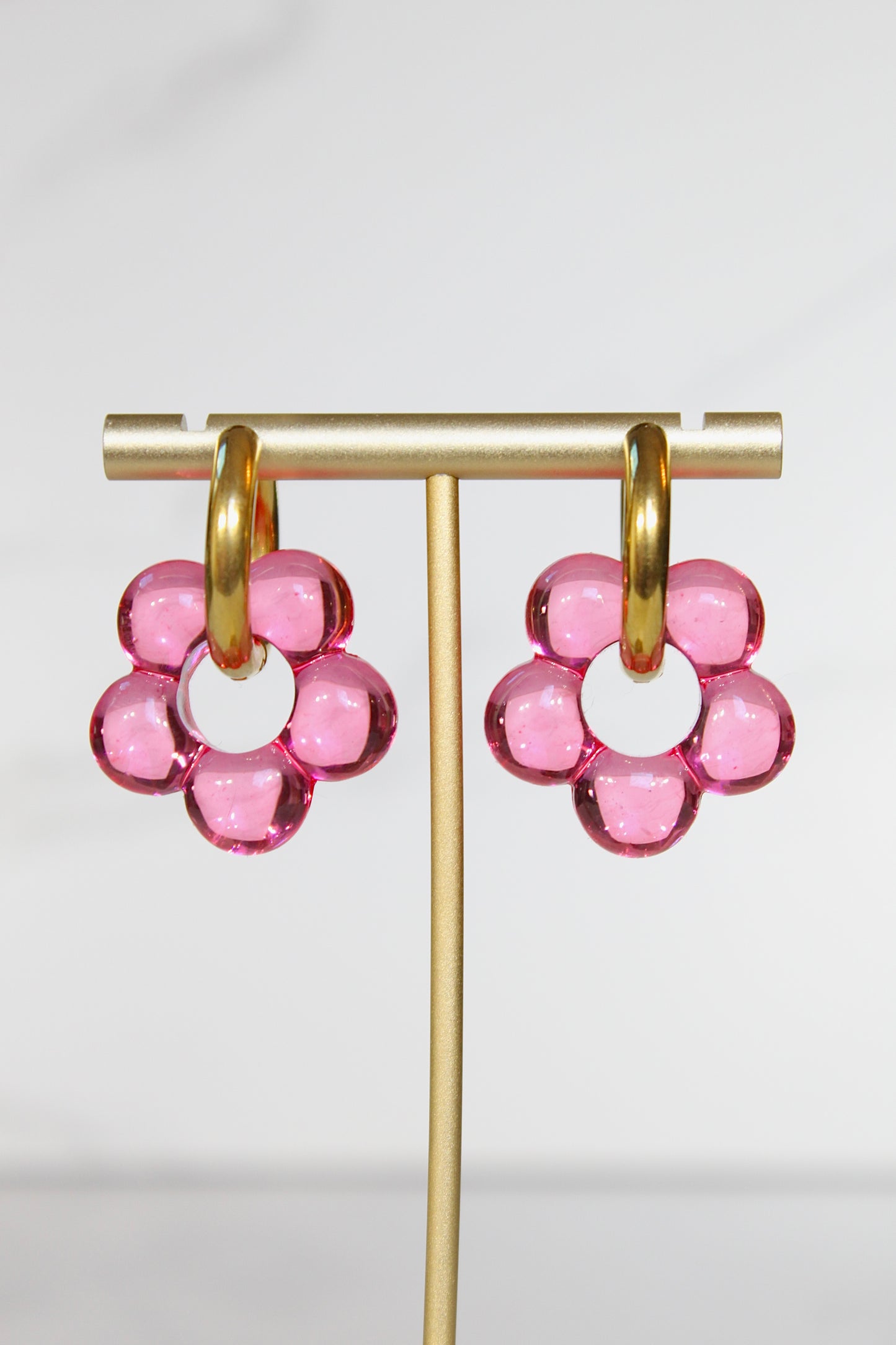 Pink Jelly Bloom Hoops – Acrylic Flower Charm Earrings
