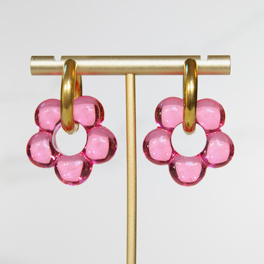 Pink Jelly Bloom Hoops – Acrylic Flower Charm Earrings