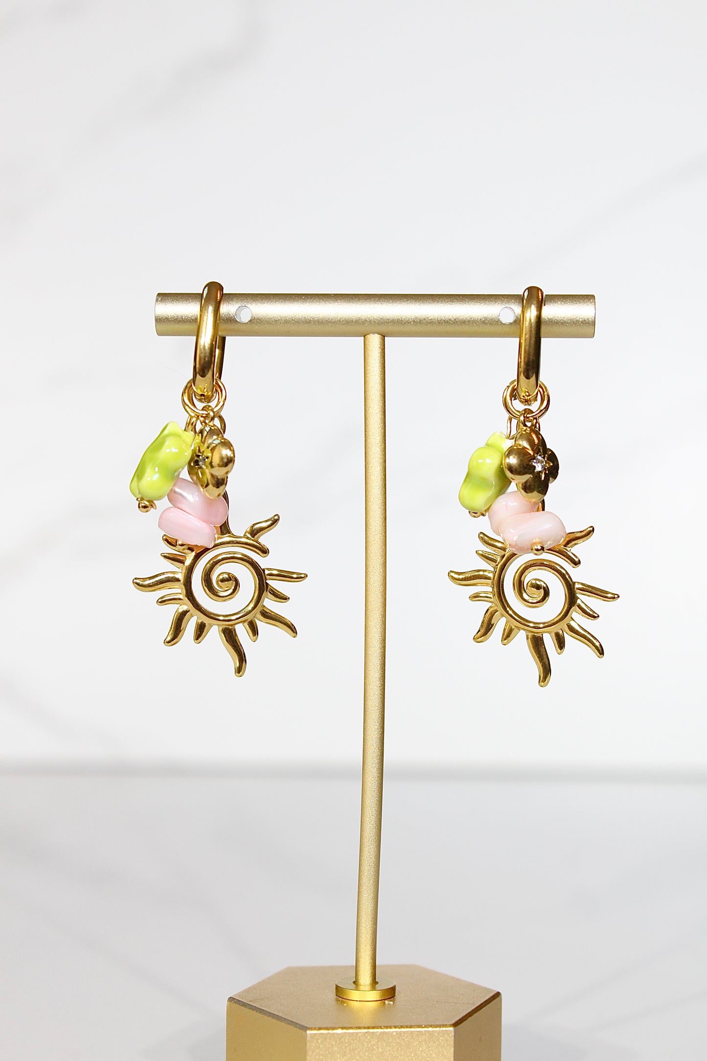 Golden Solstice Charm Hoops – Spiral Sun & Organic Pastel Beads