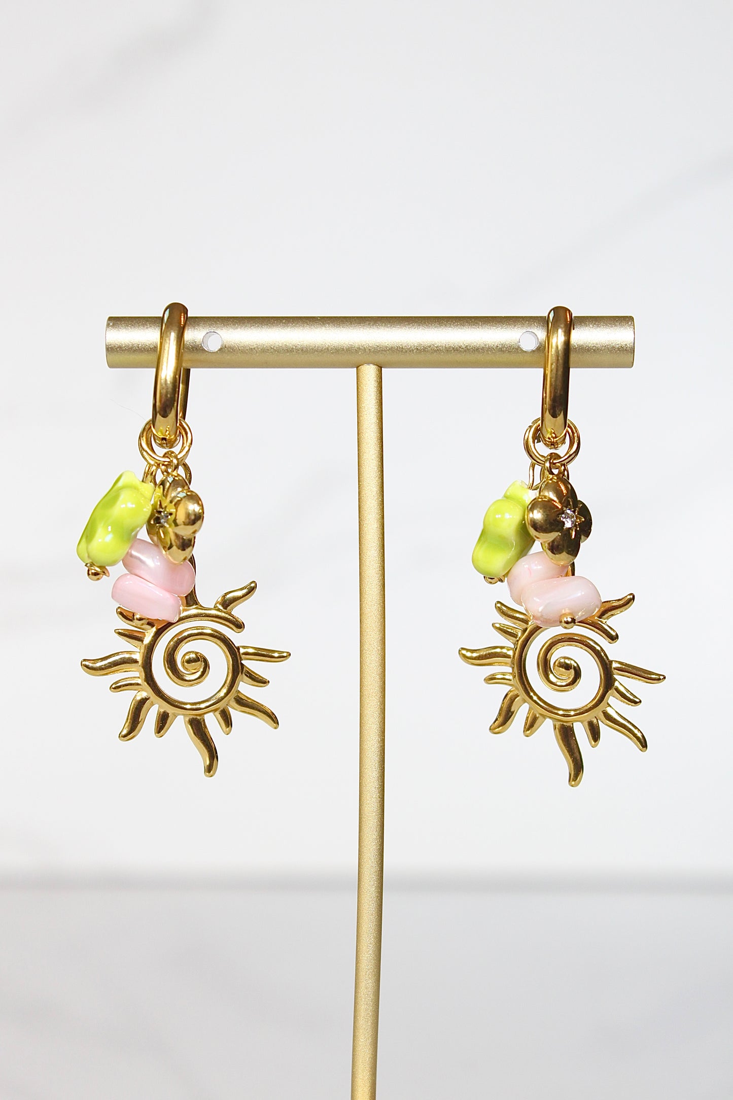 Golden Solstice Charm Hoops – Spiral Sun & Organic Pastel Beads