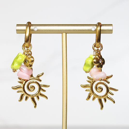 Golden Solstice Charm Hoops – Spiral Sun & Organic Pastel Beads