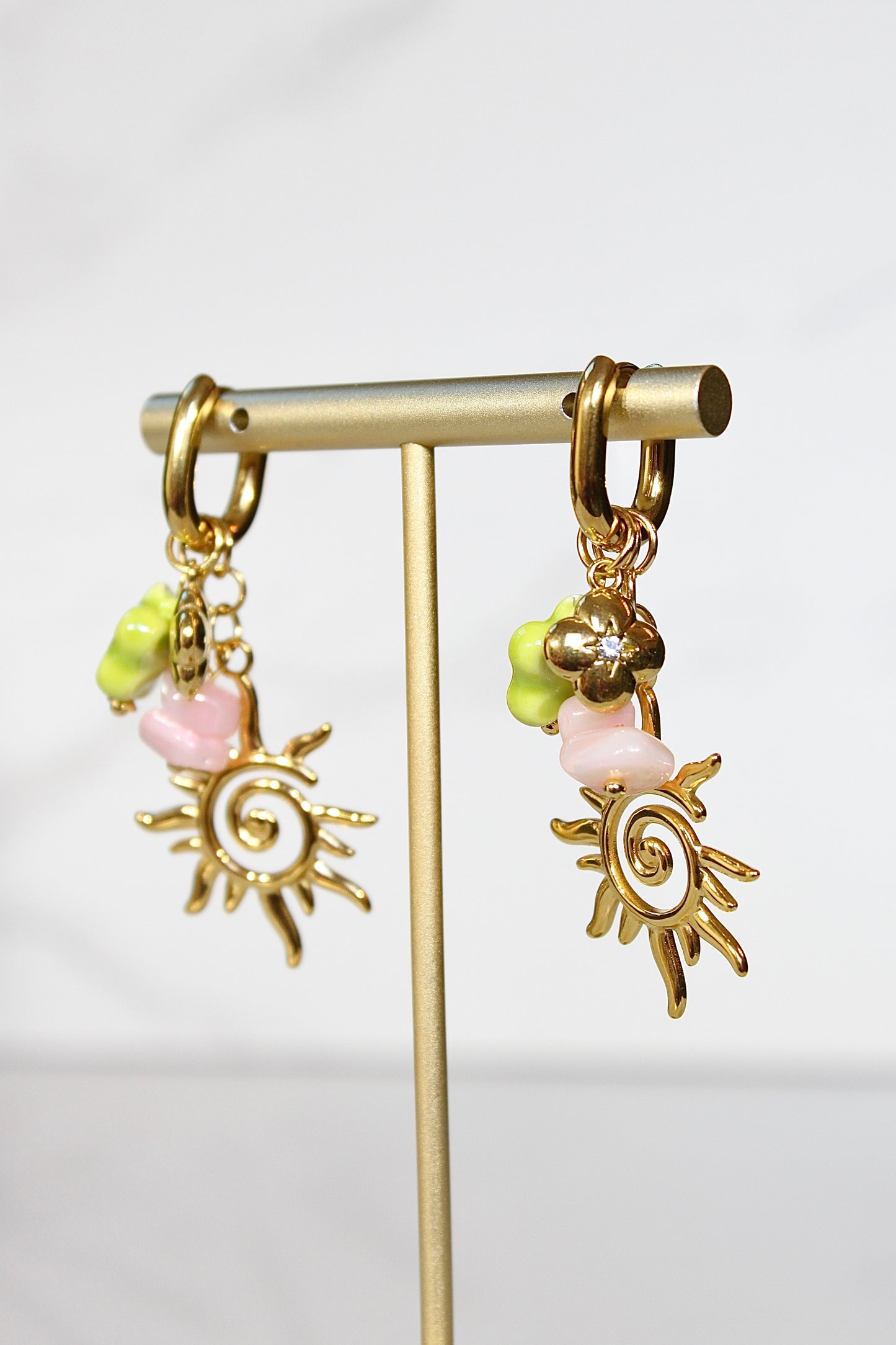 Golden Solstice Charm Hoops – Spiral Sun & Organic Pastel Beads