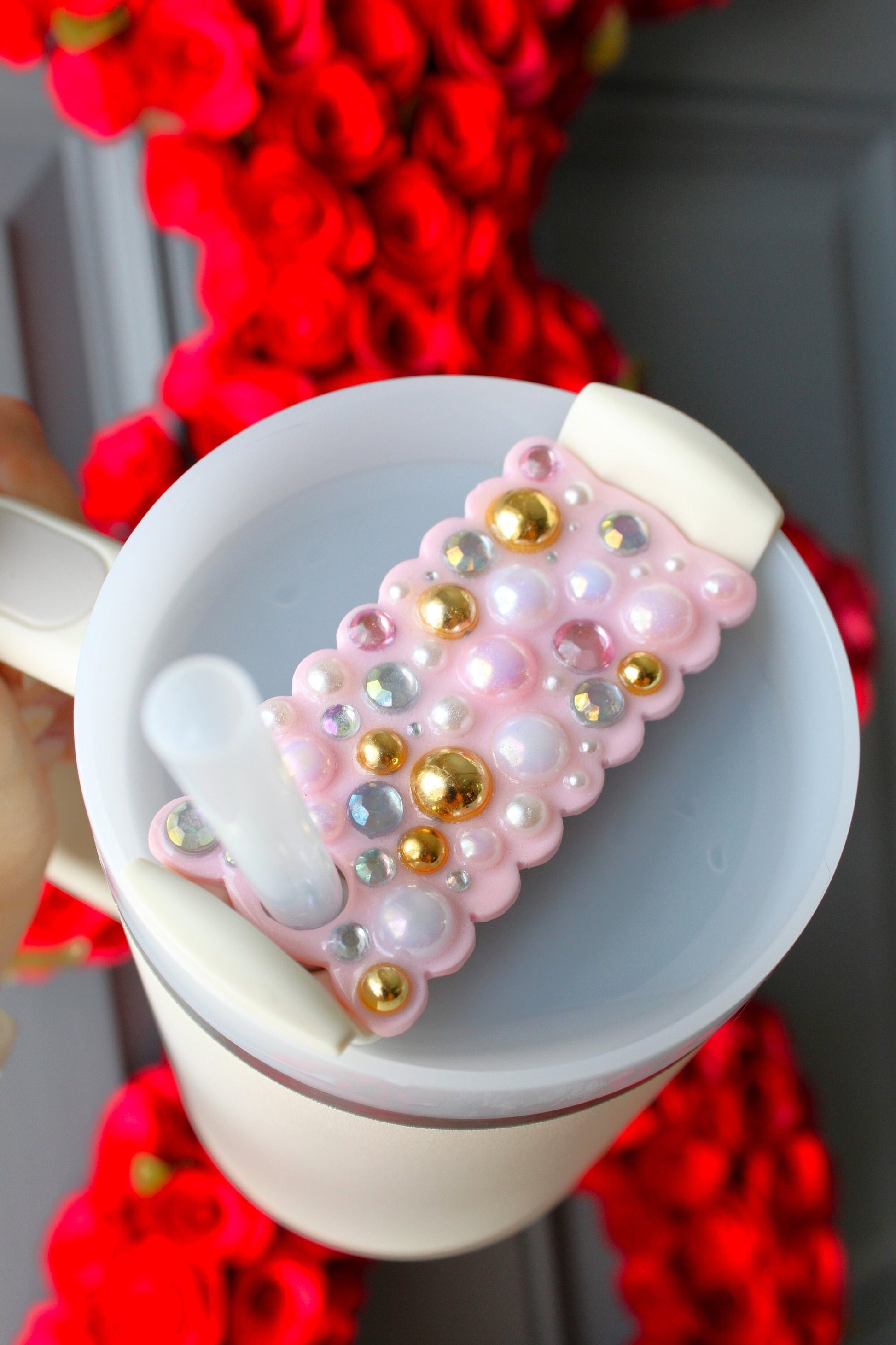 Pink Rhinestone Pearl 30/40 oz Stanley Tumbler Lid Topper, Stanley Tumbler Topper, Cup Tag, Stanley Cup Accessories