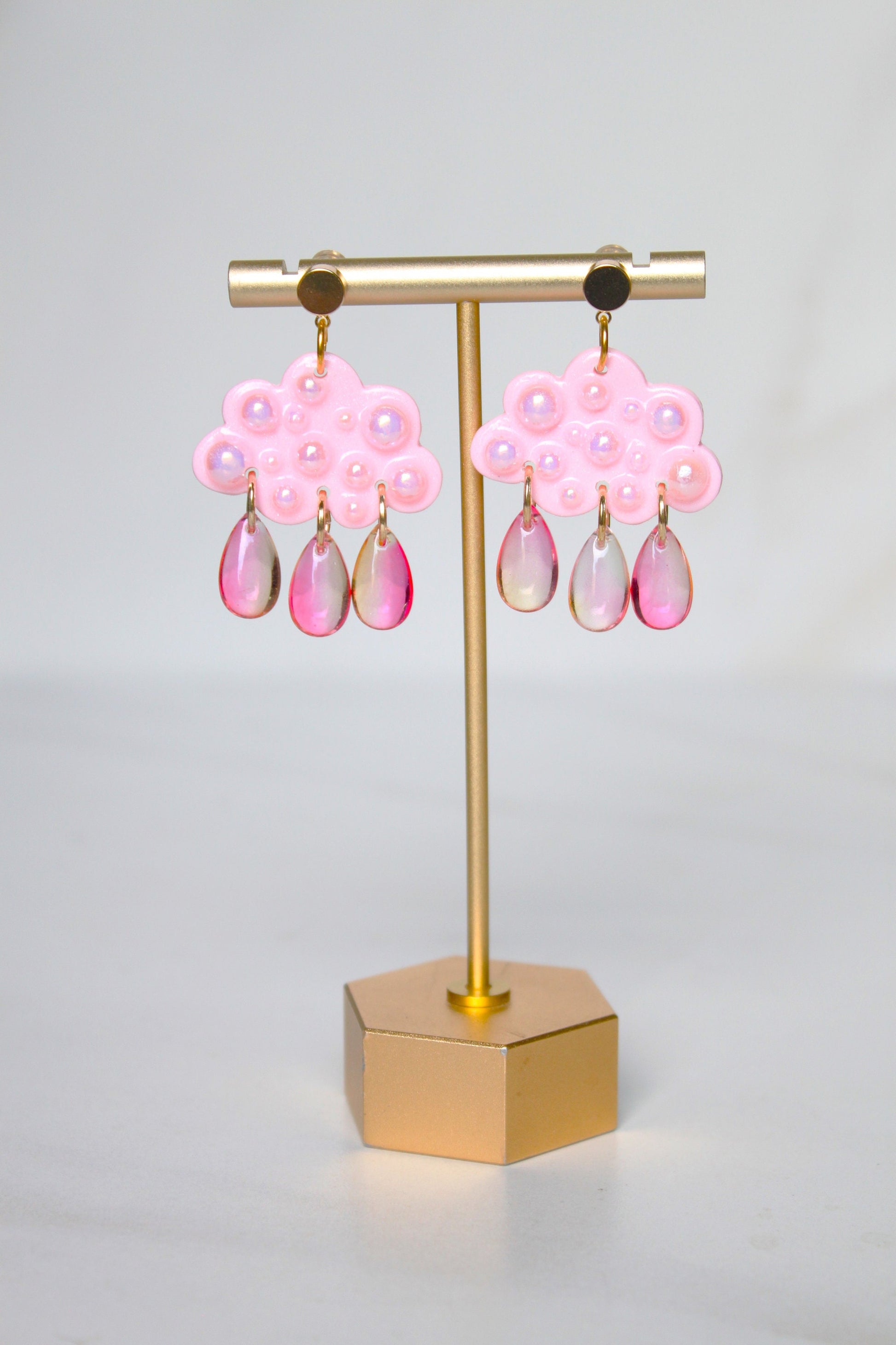 Pearl Clay Cloud Earrings - Cloud Earrings Dangle - Polymer clay statement earrings - Clouds with acrylic rain drops - Rain Cloud Earrings