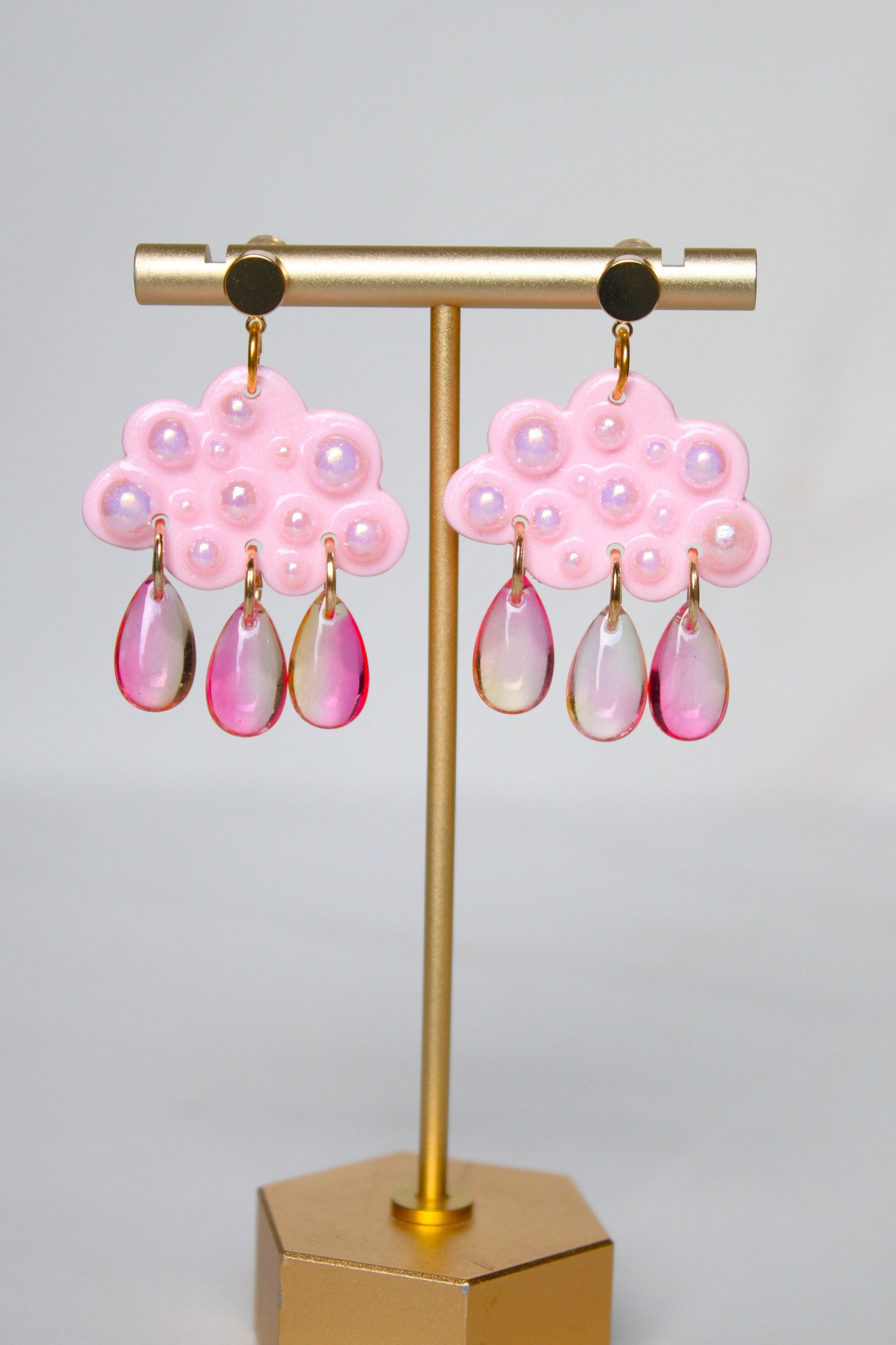 Pearl Clay Cloud Earrings - Cloud Earrings Dangle - Polymer clay statement earrings - Clouds with acrylic rain drops - Rain Cloud Earrings