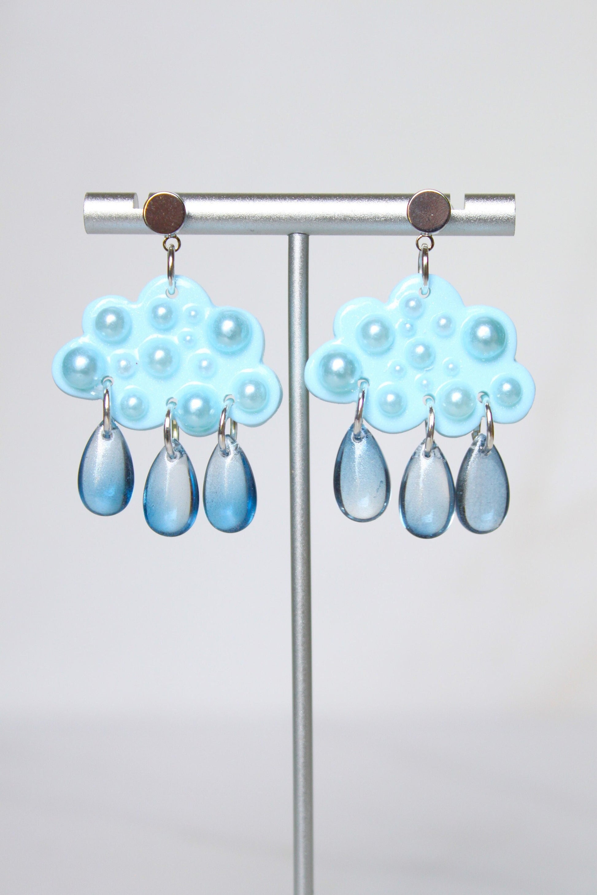 Pearl Clay Cloud Earrings - Cloud Earrings Dangle - Polymer clay statement earrings - Clouds with acrylic rain drops - Rain Cloud Earrings