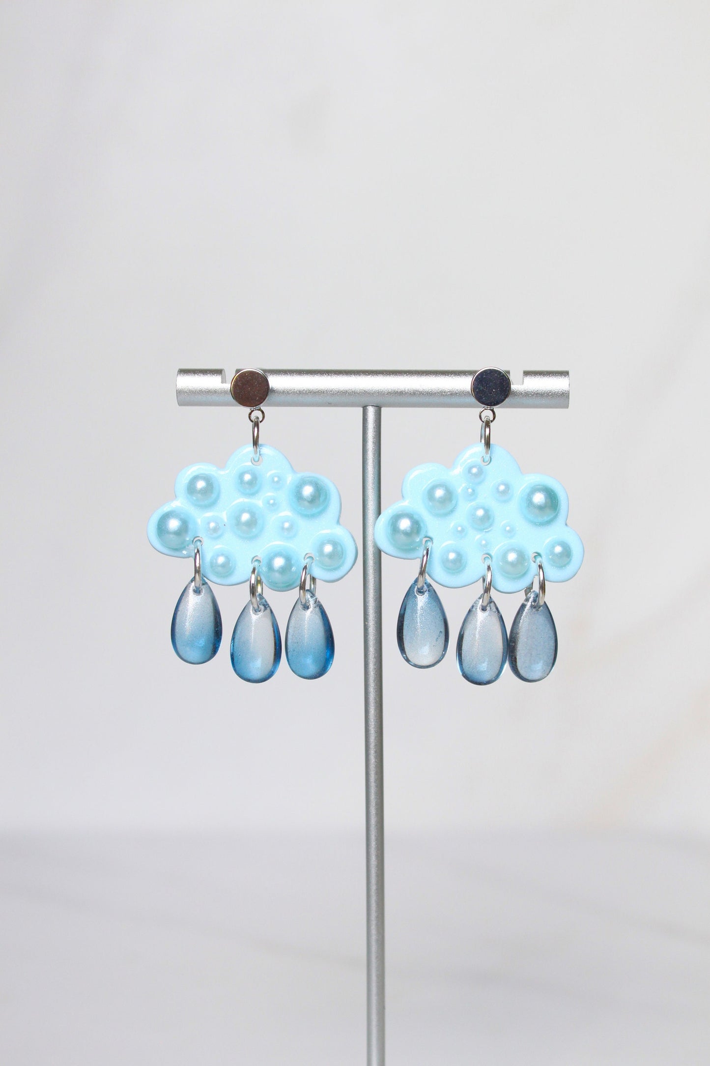 Pearl Clay Cloud Earrings - Cloud Earrings Dangle - Polymer clay statement earrings - Clouds with acrylic rain drops - Rain Cloud Earrings