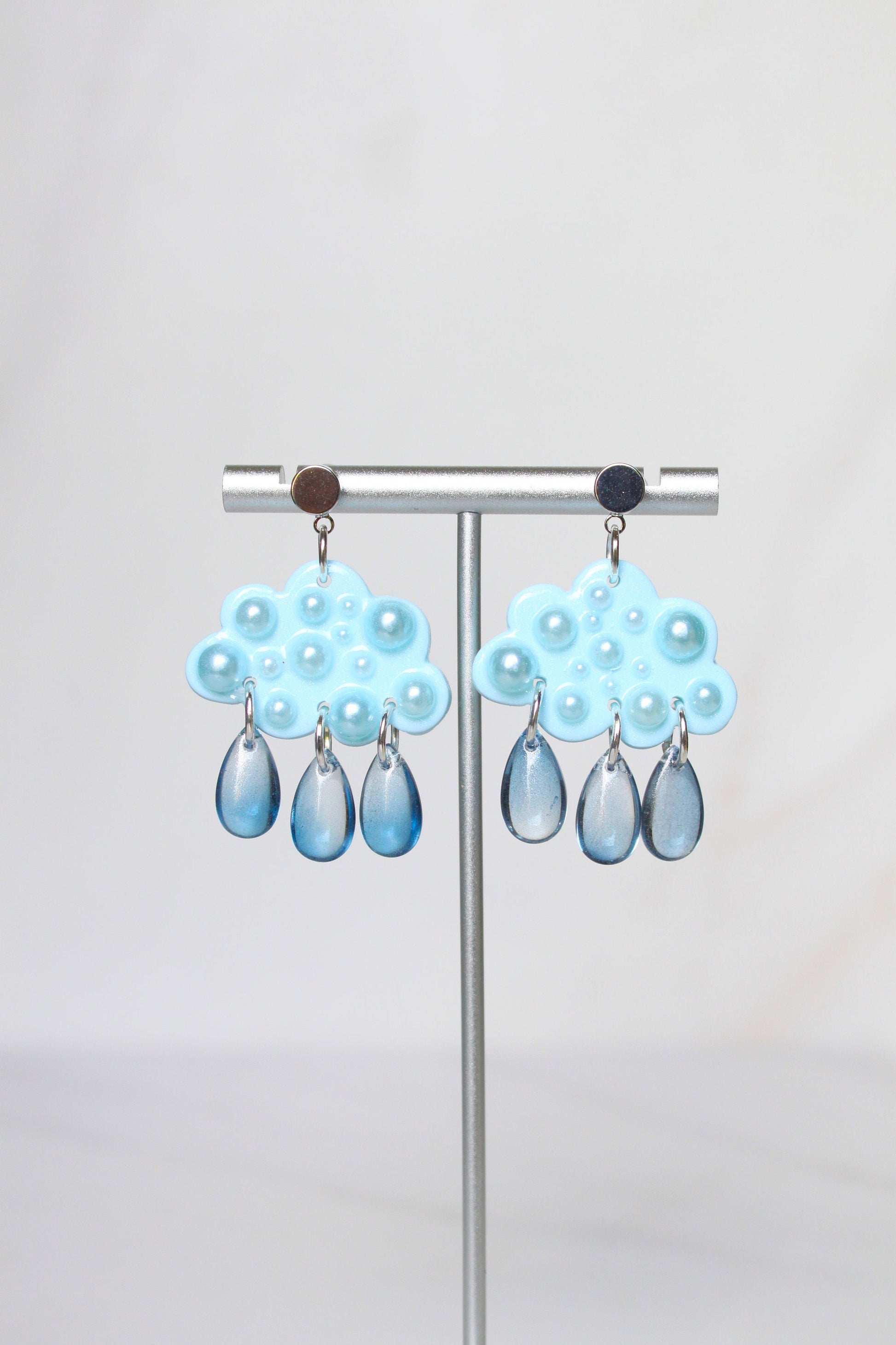 Pearl Clay Cloud Earrings - Cloud Earrings Dangle - Polymer clay statement earrings - Clouds with acrylic rain drops - Rain Cloud Earrings