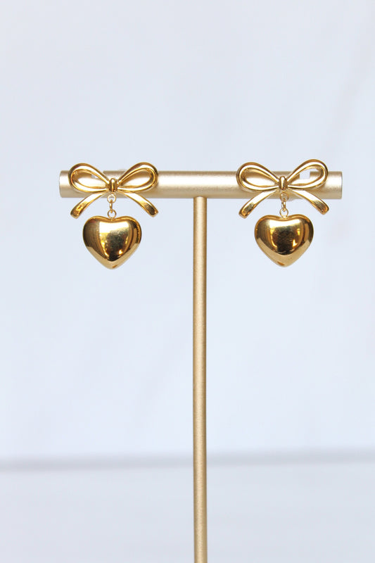 Gold Plated Heart Bow Huggie Earrings - Gold Bow Ribbon Earrings - Dainty Coquette Earrings - Cute Gifts for Her