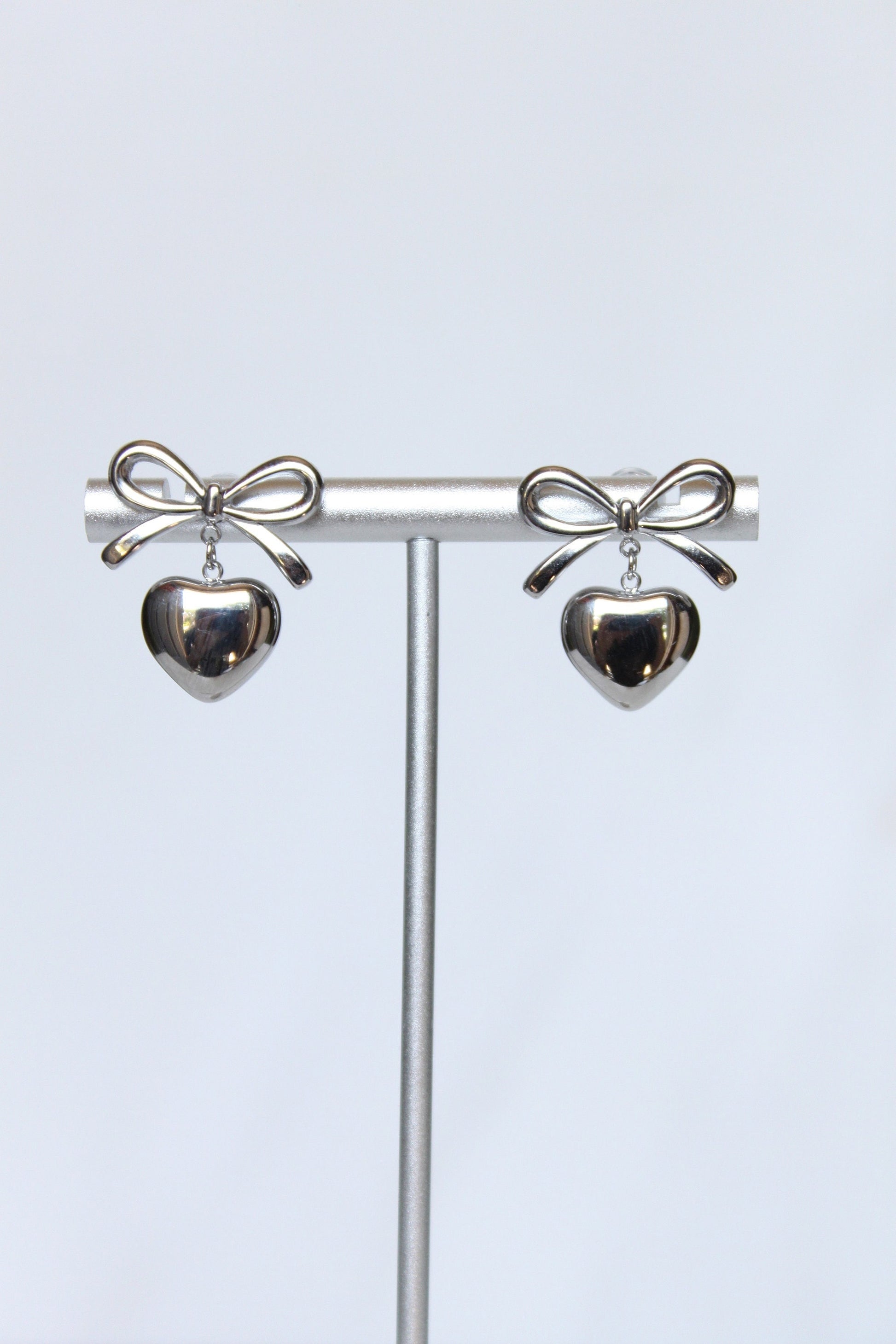 Silver Plated Heart Bow Huggie Earrings - Silver Bow Ribbon Earrings - Dainty Coquette Earrings - Cute Gifts for Her