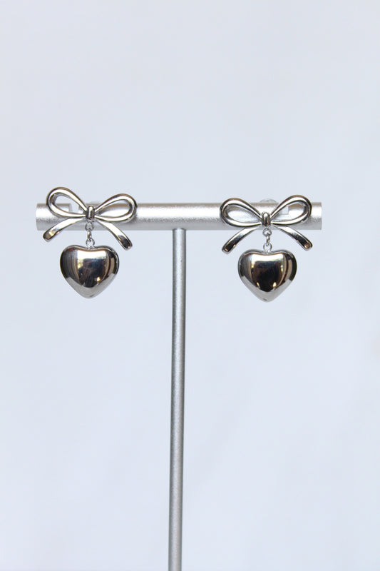 Silver Plated Heart Bow Huggie Earrings - Silver Bow Ribbon Earrings - Dainty Coquette Earrings - Cute Gifts for Her