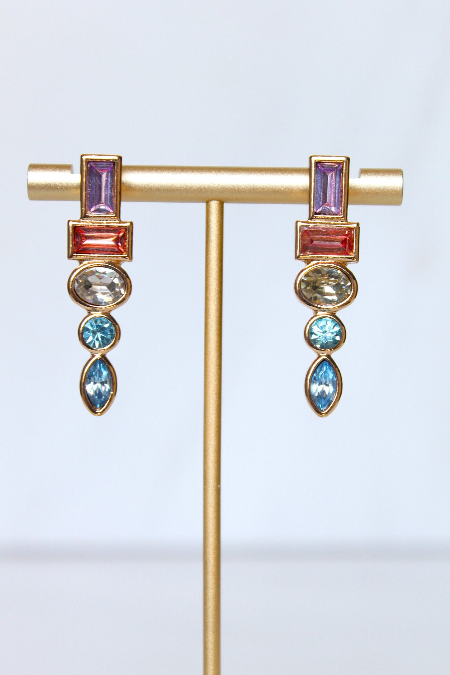 Elegant Rainbow Color Crystal Long Drop Earrings for Women Gold Plated
