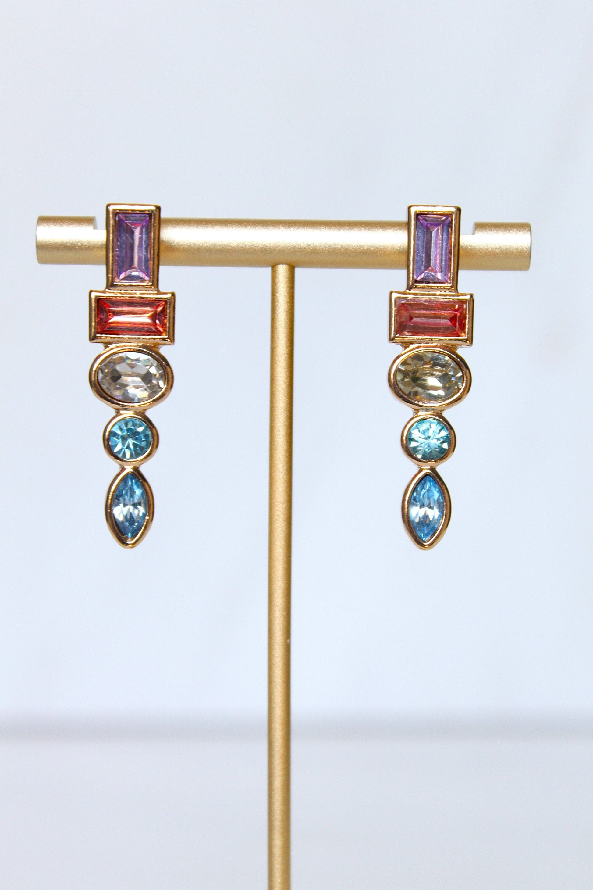 Elegant Rainbow Color Crystal Long Drop Earrings for Women Gold Plated