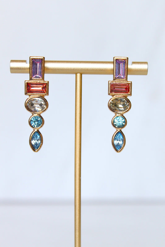 Elegant Rainbow Color Crystal Long Drop Earrings for Women Gold Plated