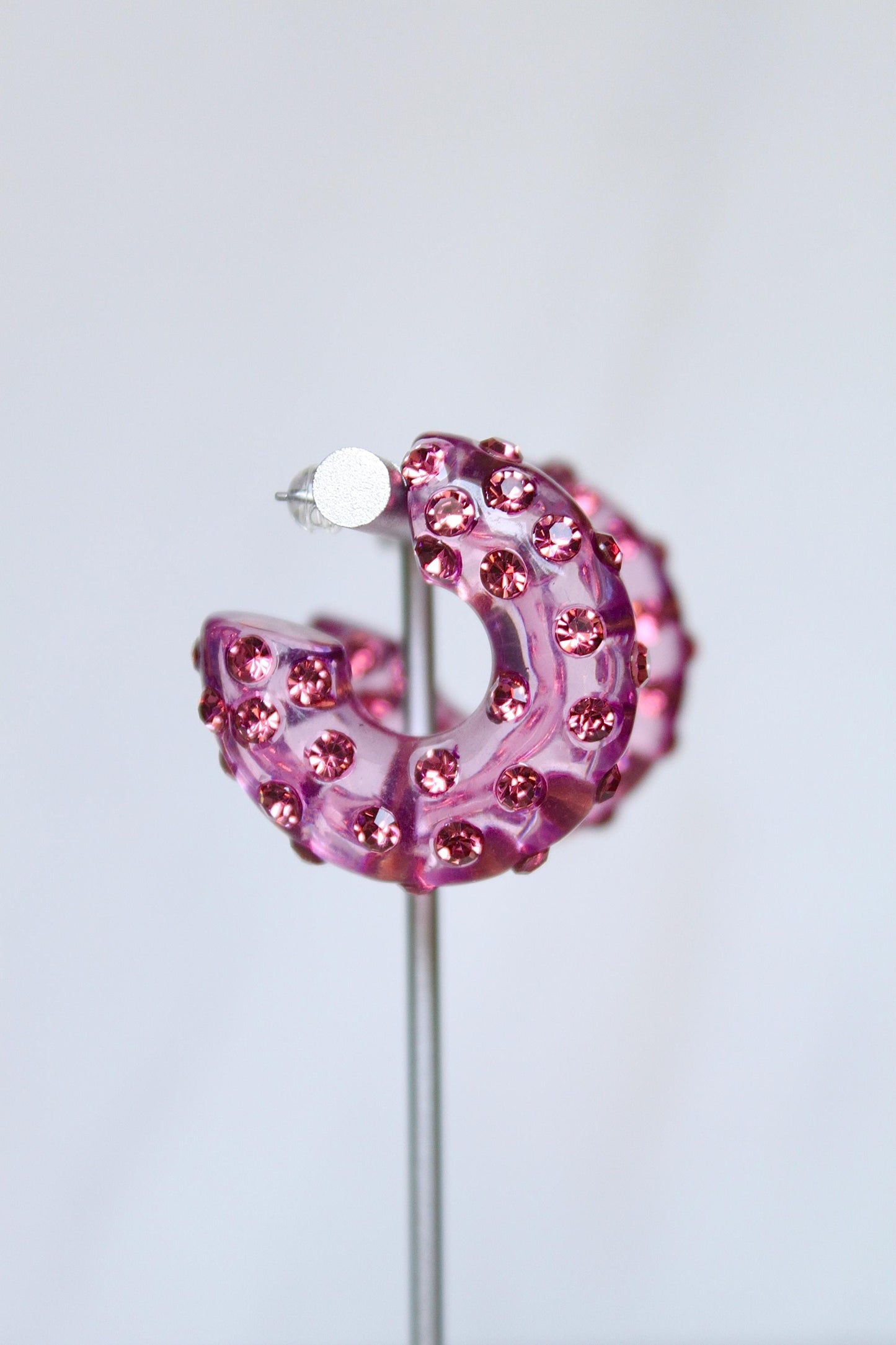 Pink Resin Rhinestone Hoop Earrings, Women Resin Hoops, Women Rhinestone Hoop Earrings