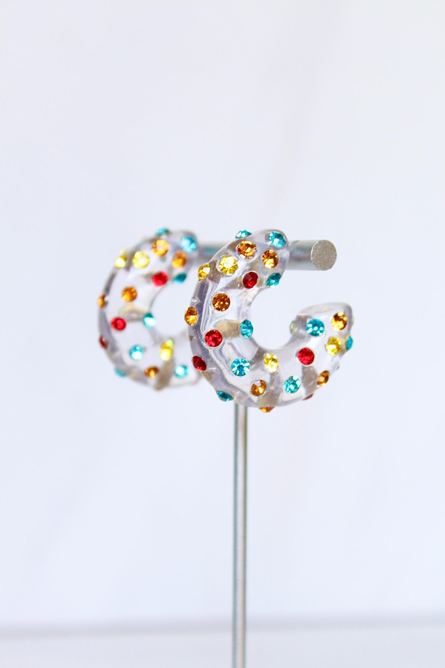 Multicolor Resin Rhinestone Hoop Earrings, Women Resin Hoops, Women Rhinestone Hoop Earrings