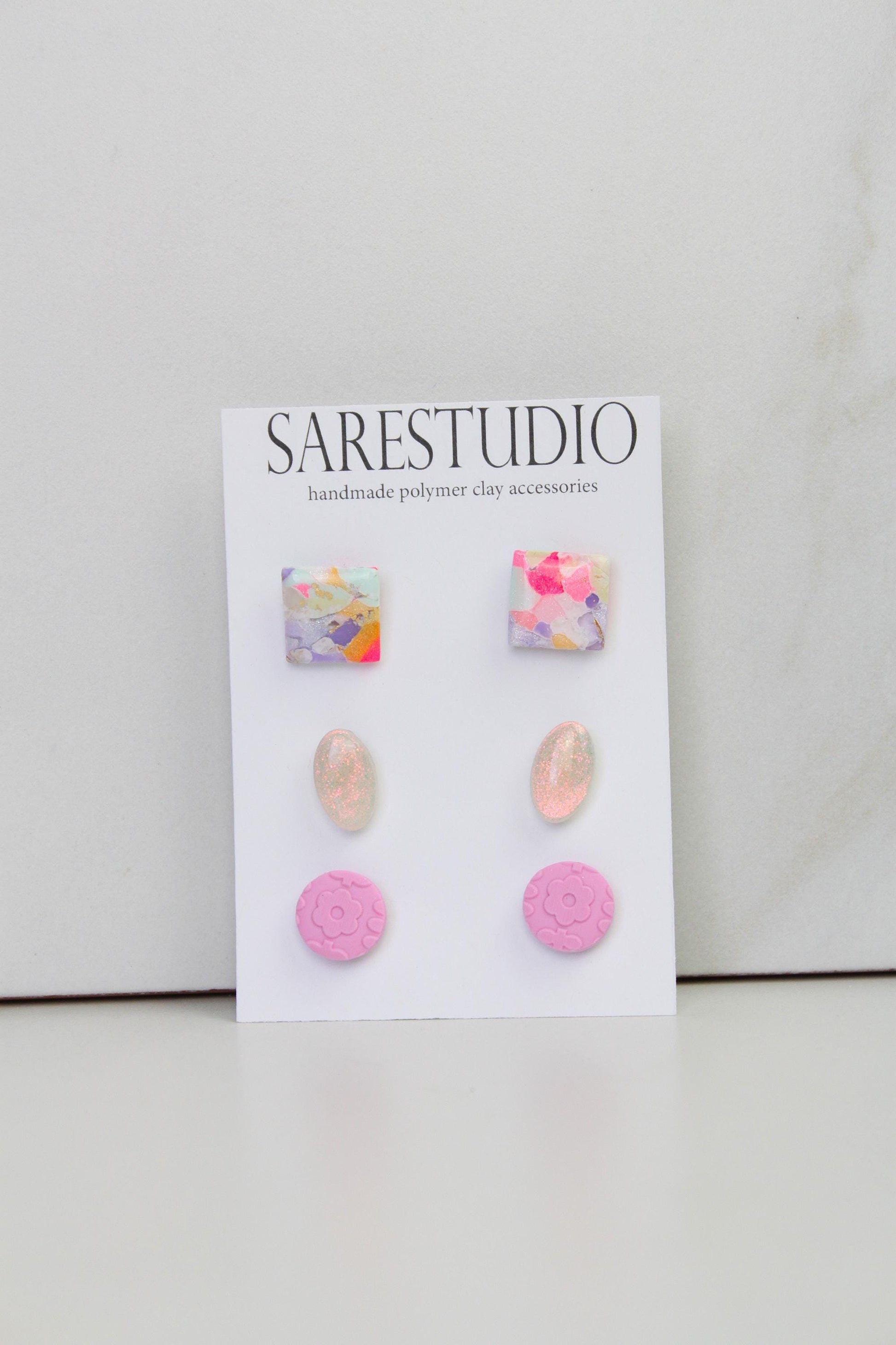 Stud Polymer Clay Earring Set of 3 - Clay Stud Pack - Gift for her - Christmas Gift - Neutral Earring Set - Marble Stud Earrings