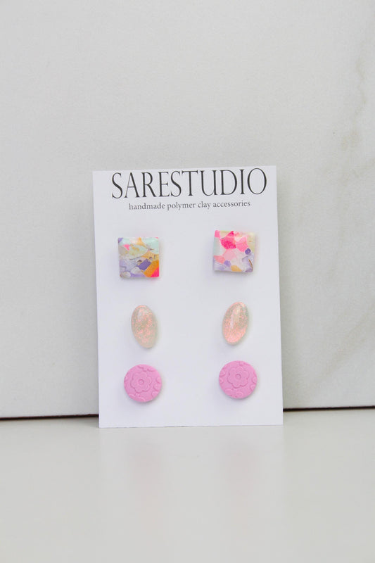 Stud Polymer Clay Earring Set of 3 - Clay Stud Pack - Gift for her - Christmas Gift - Neutral Earring Set - Marble Stud Earrings