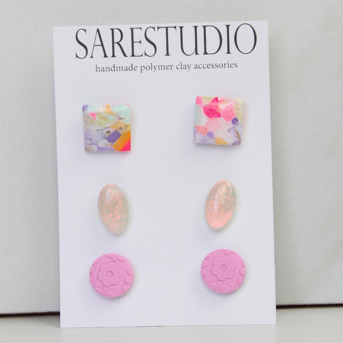 Stud Polymer Clay Earring Set of 3 - Clay Stud Pack - Gift for her - Christmas Gift - Neutral Earring Set - Marble Stud Earrings