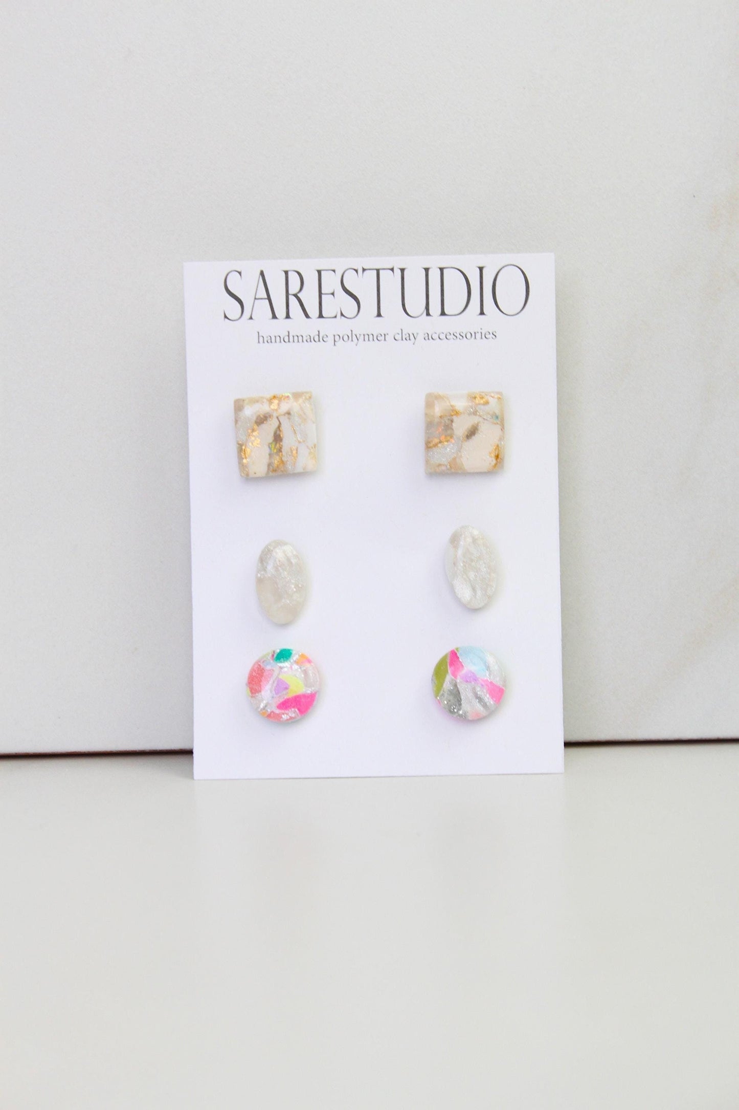 Stud Polymer Clay Earring Set of 3 - Clay Stud Pack - Gift for her - Christmas Gift - Neutral Earring Set - Marble Stud Earrings