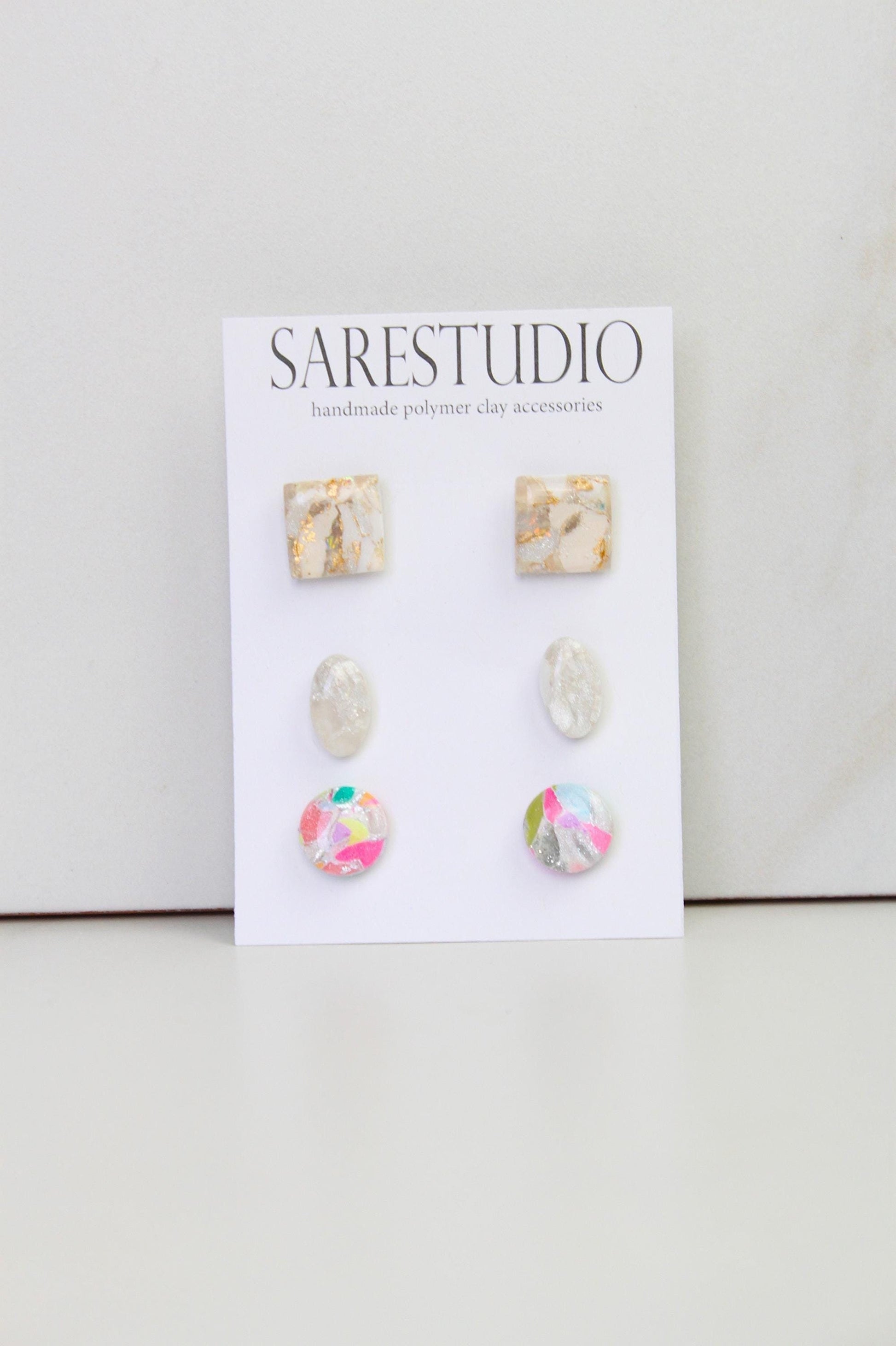 Stud Polymer Clay Earring Set of 3 - Clay Stud Pack - Gift for her - Christmas Gift - Neutral Earring Set - Marble Stud Earrings