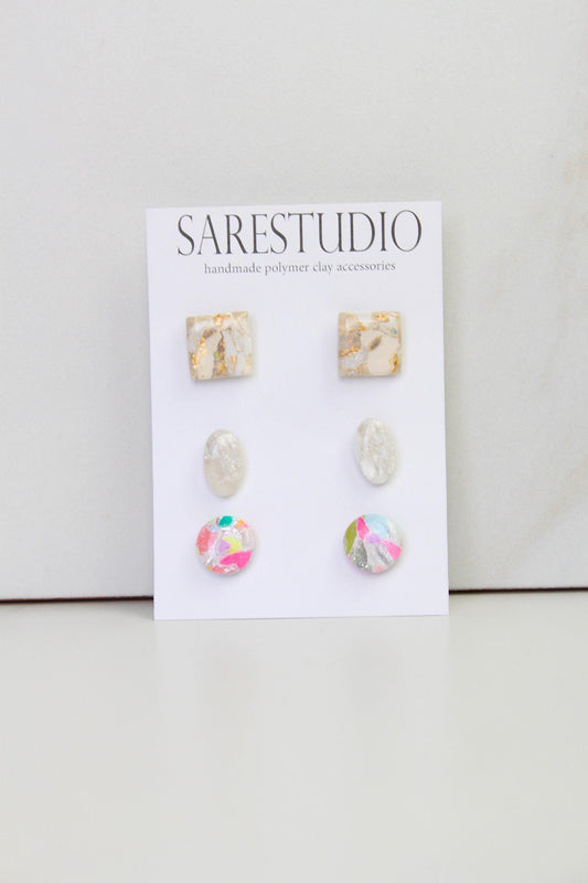Stud Polymer Clay Earring Set of 3 - Clay Stud Pack - Gift for her - Christmas Gift - Neutral Earring Set - Marble Stud Earrings