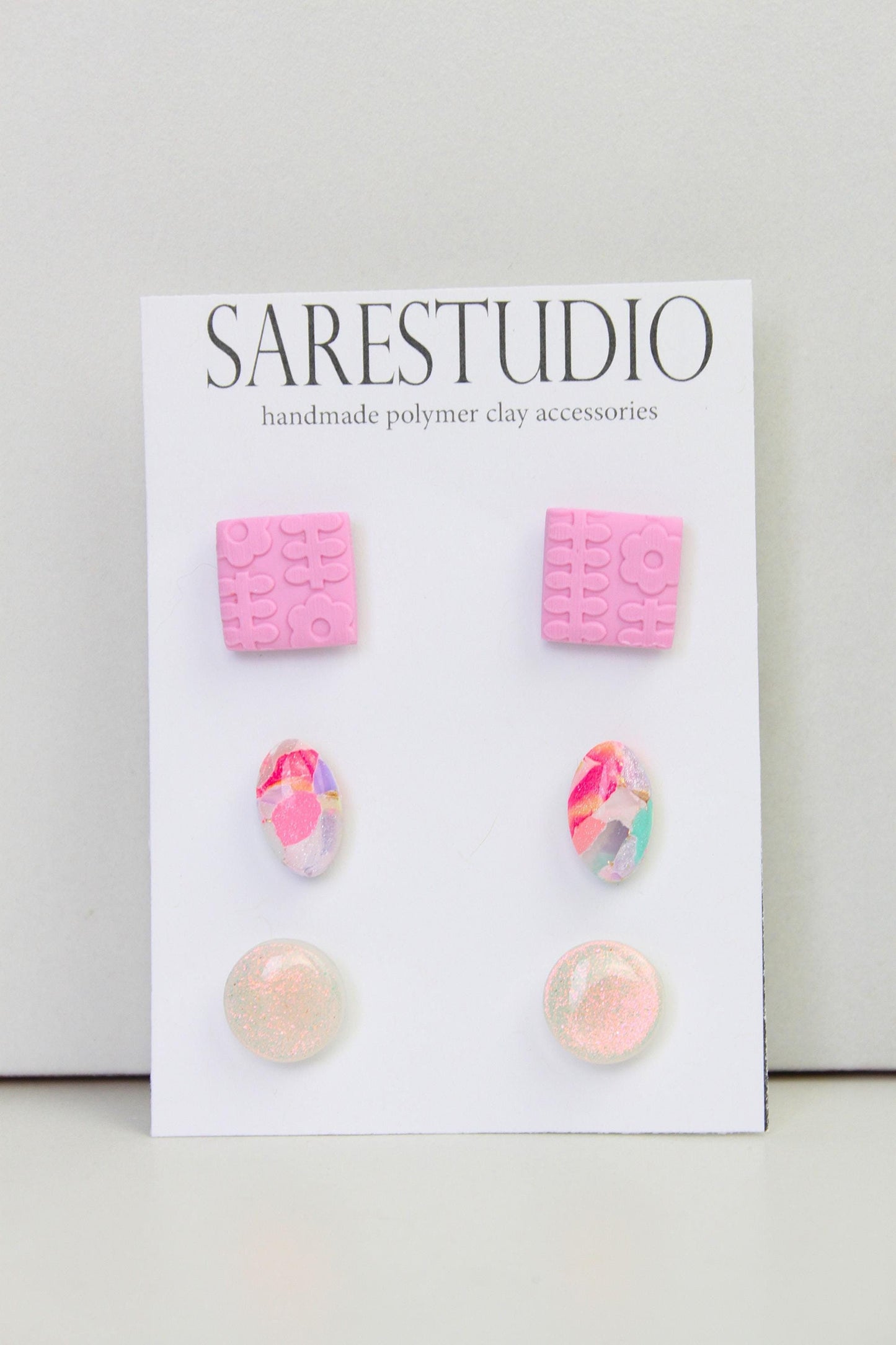 Stud Polymer Clay Earring Set of 3 - Clay Stud Pack - Gift for her - Christmas Gift - Neutral Earring Set - Marble Stud Earrings