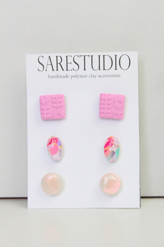 Stud Polymer Clay Earring Set of 3 - Clay Stud Pack - Gift for her - Christmas Gift - Neutral Earring Set - Marble Stud Earrings