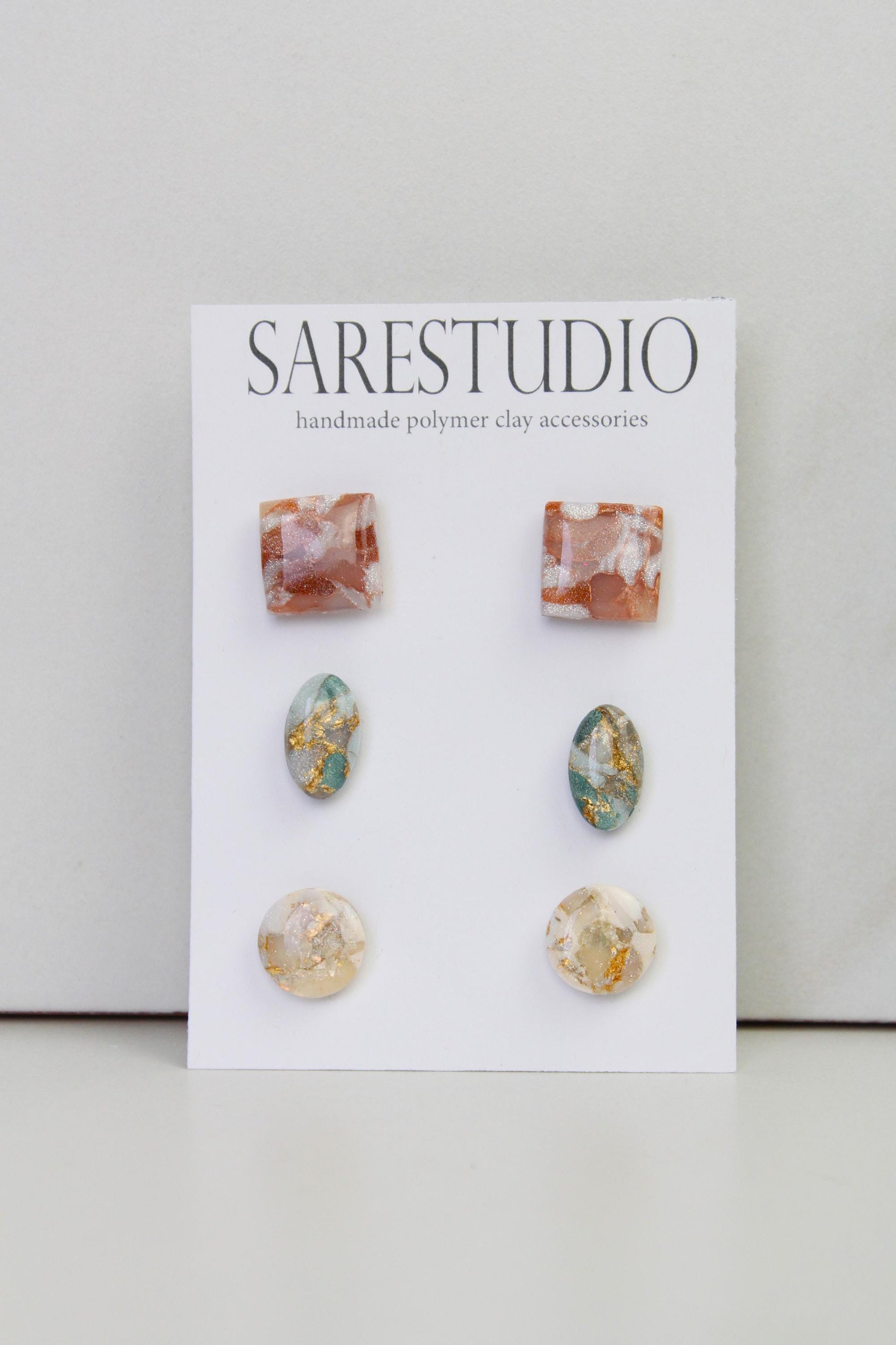 Stud Polymer Clay Earring Set of 3 - Clay Stud Pack - Gift for her - Christmas Gift - Neutral Earring Set - Marble Stud Earrings
